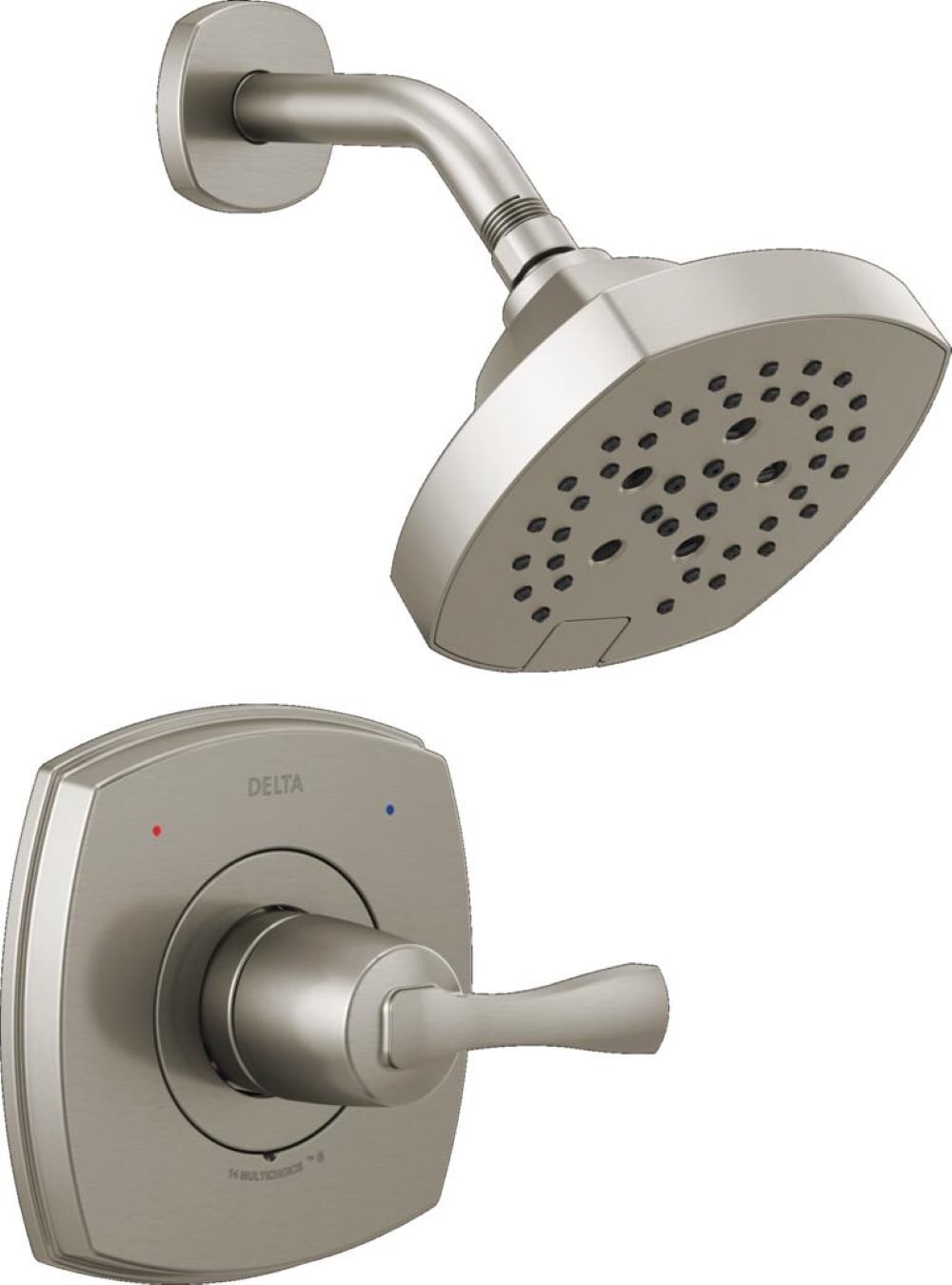 Grifo redondo de ducha de acero inoxidable con recubrimiento Lumicoat de 7.0 pulgadas de función múltiple de una manija Delta Stryke T14276-SS-PR.