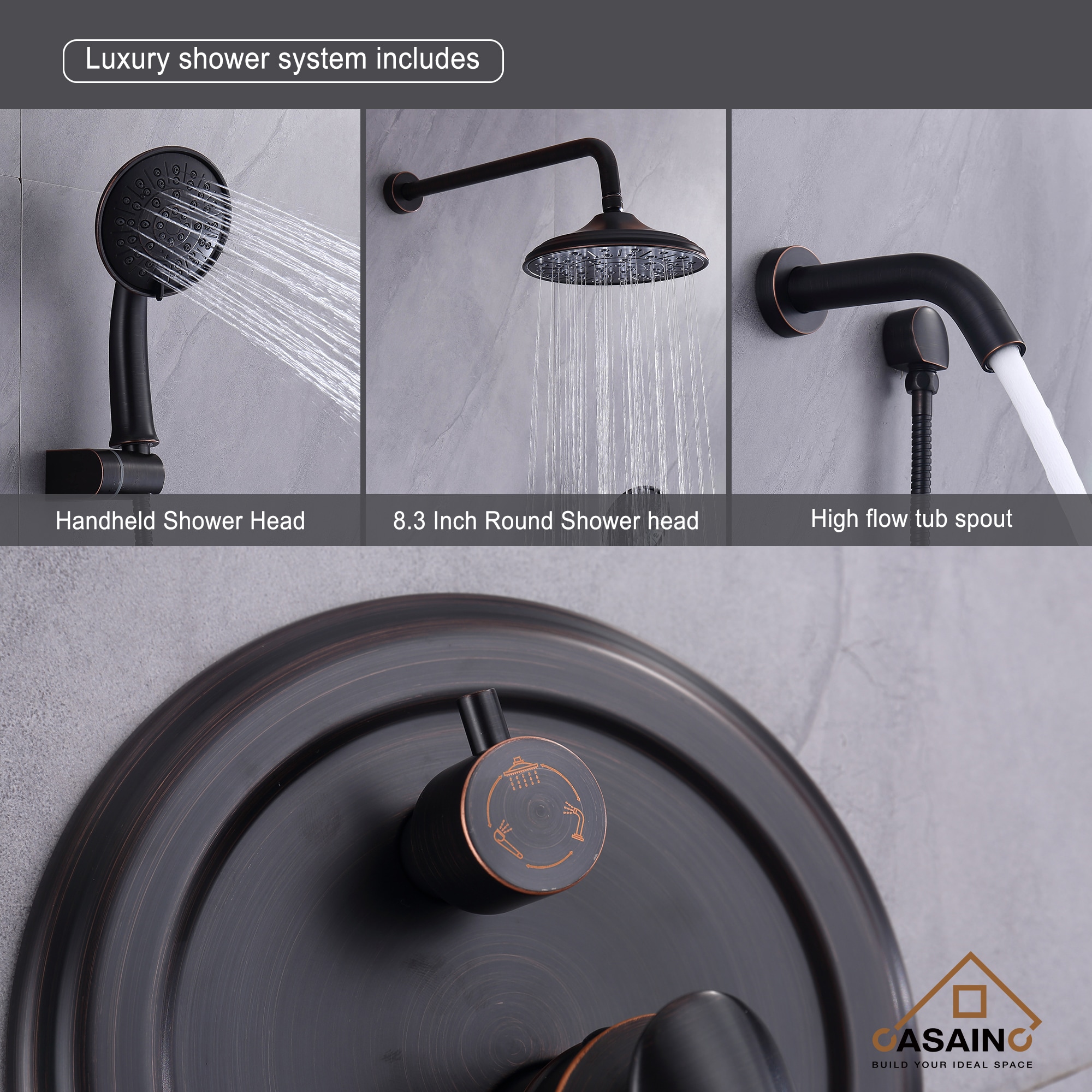 Sistema de Ducha CASAINC en Bronce Frotado con Aceite de 1 Manija y Función Única, 8.3 Pulgadas, Redonda con Válvula HM-B208-SQ-ORB