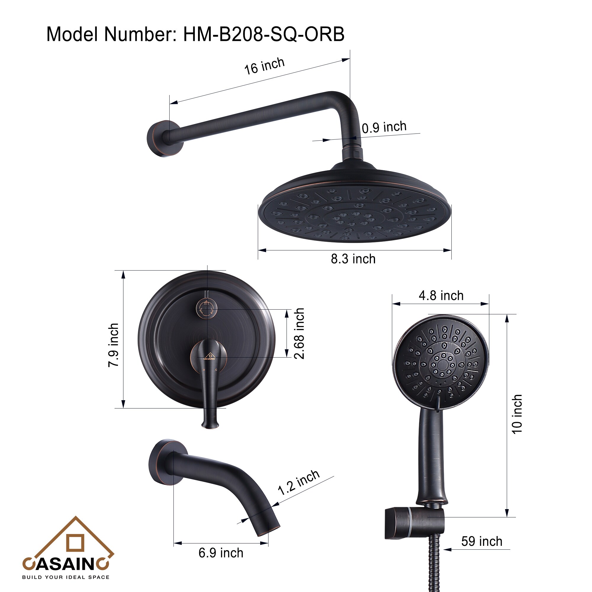 Sistema de Ducha CASAINC en Bronce Frotado con Aceite de 1 Manija y Función Única, 8.3 Pulgadas, Redonda con Válvula HM-B208-SQ-ORB