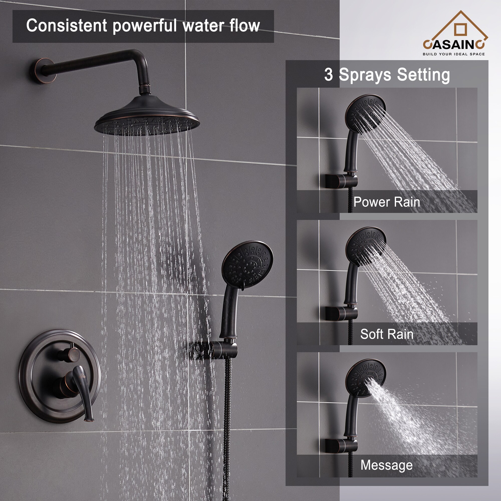 Sistema de Ducha CASAINC en Bronce Frotado con Aceite de 1 Manija y Función Única, 8.3 Pulgadas, Redonda con Válvula HM-B208-SQ-ORB