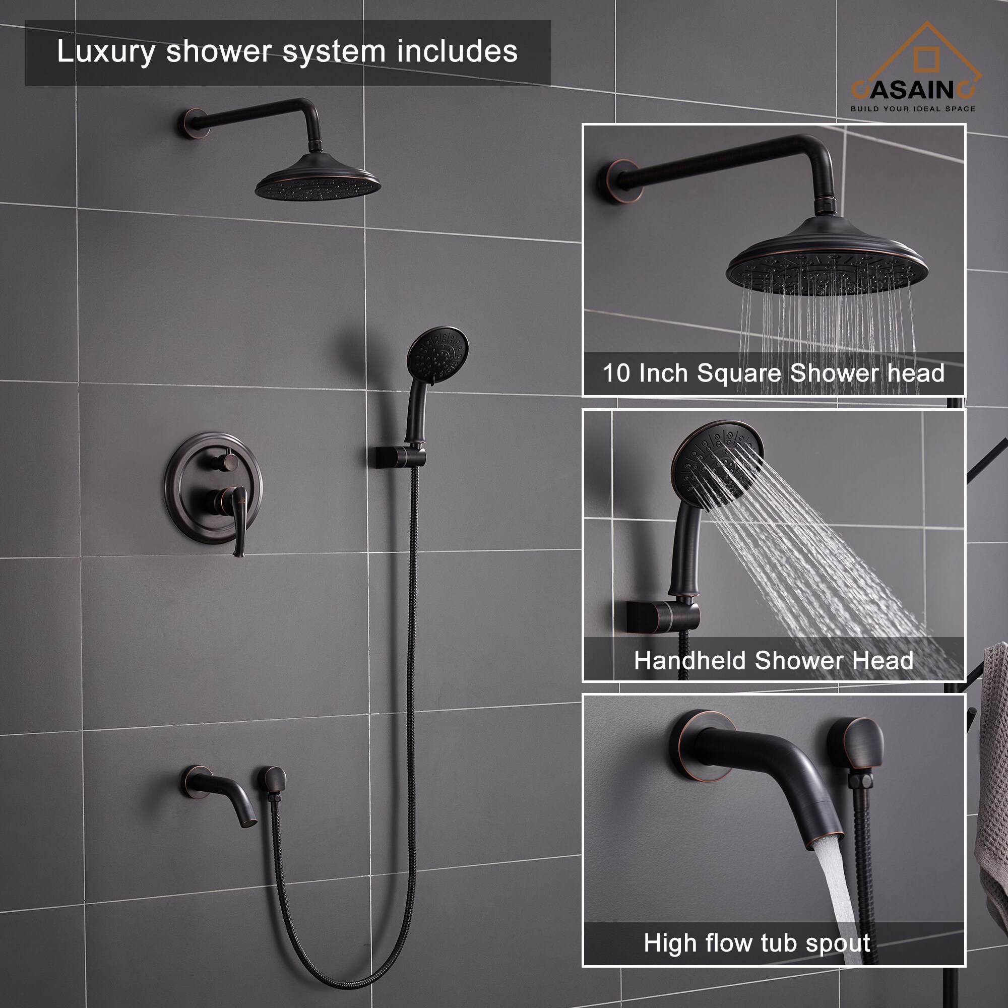 Sistema de Ducha CASAINC en Bronce Frotado con Aceite de 1 Manija y Función Única, 8.3 Pulgadas, Redonda con Válvula HM-B208-SQ-ORB