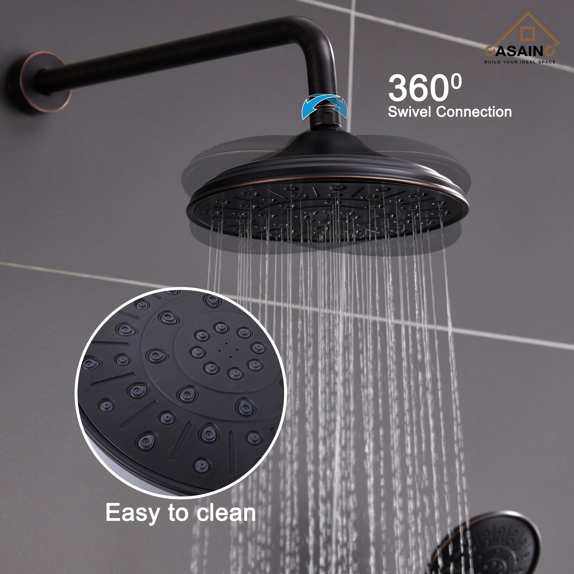 Sistema de Ducha CASAINC en Bronce Frotado con Aceite de 1 Manija y Función Única, 8.3 Pulgadas, Redonda con Válvula HM-B208-SQ-ORB