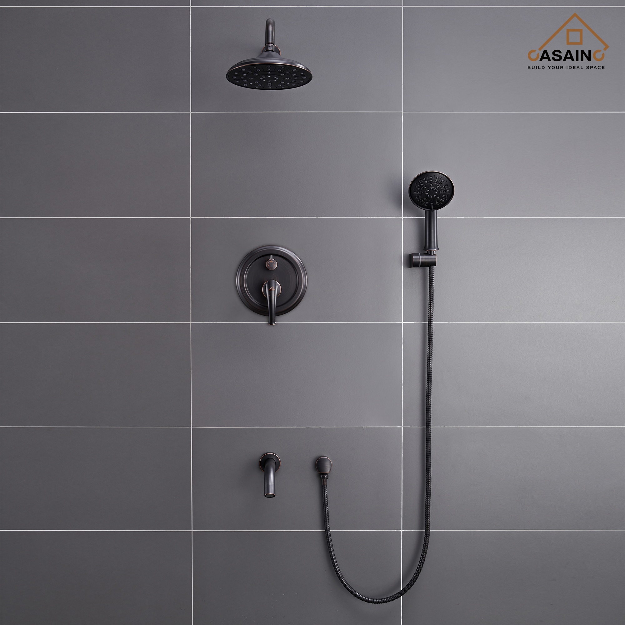 Sistema de Ducha CASAINC en Bronce Frotado con Aceite de 1 Manija y Función Única, 8.3 Pulgadas, Redonda con Válvula HM-B208-SQ-ORB