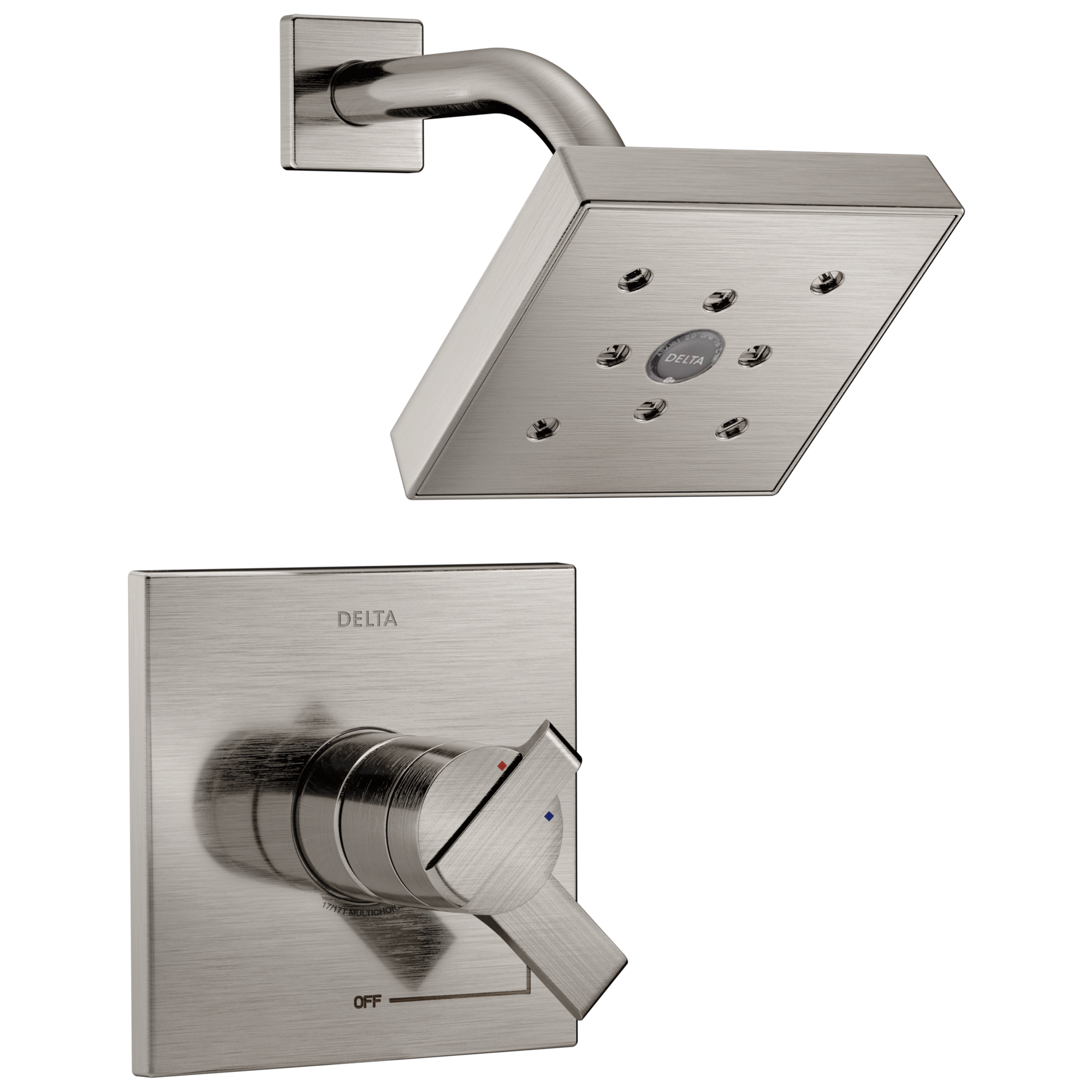 Grifo de ducha cuadrado de 5.3125 pulgadas con dos manijas y función única de acero inoxidable Delta Ara T17267-SS
