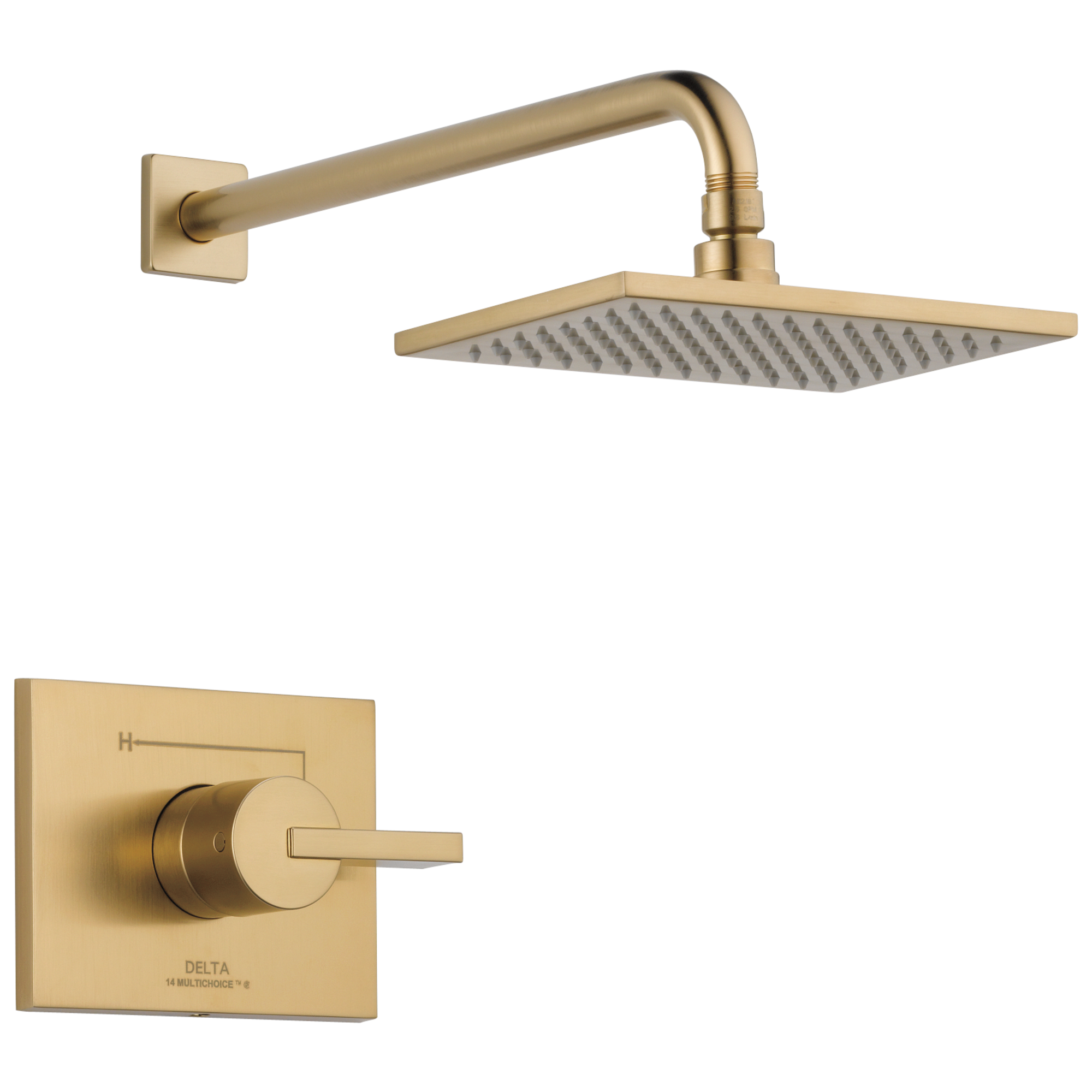 Mezcladora de regadera cuadrada de 1 manija y una función en bronce dorado champán Delta Vero 8.656 pulgadas T14253-CZ.