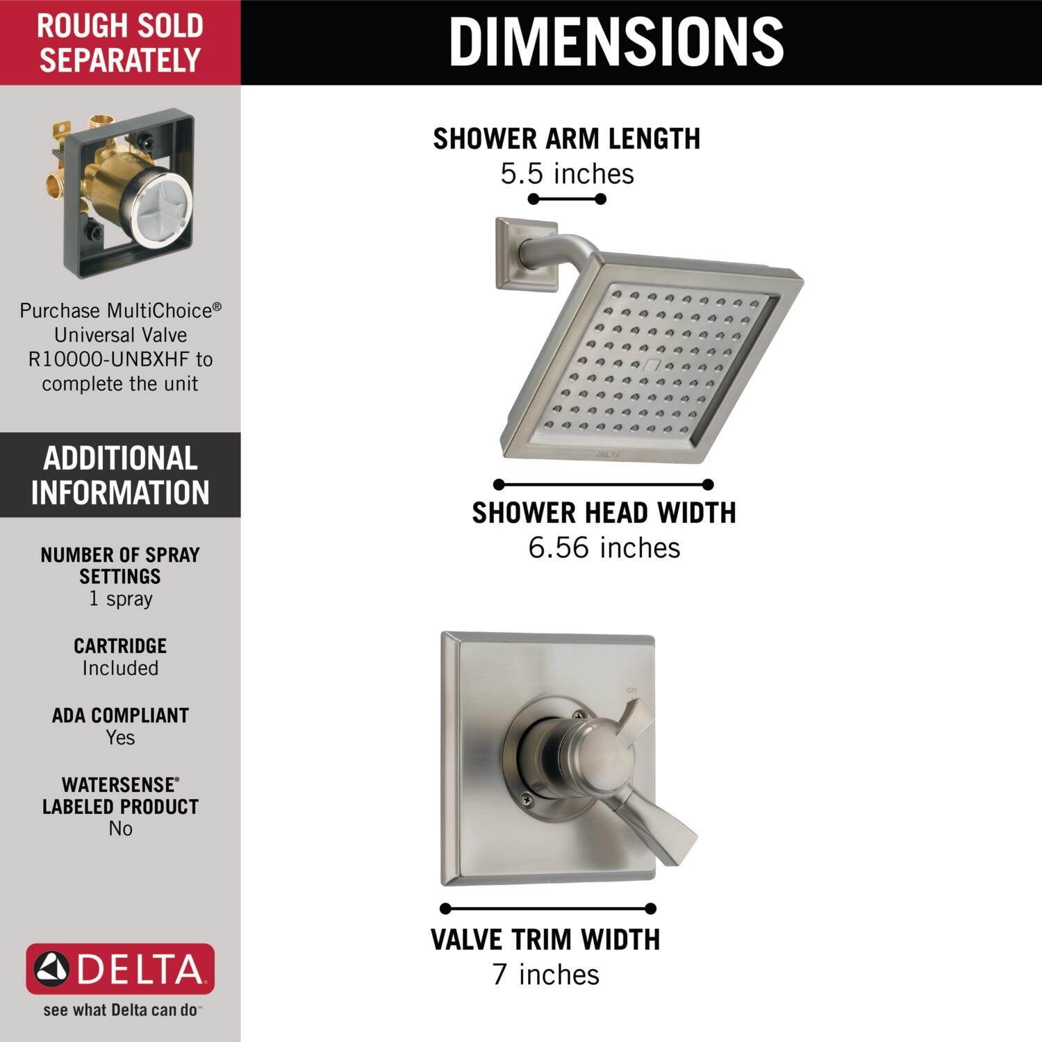 Grifo para regadera de 2 manijas Delta Dryden de acero inoxidable con función única de 6.5625 pulgadas cuadradas - T17251-SS-WE