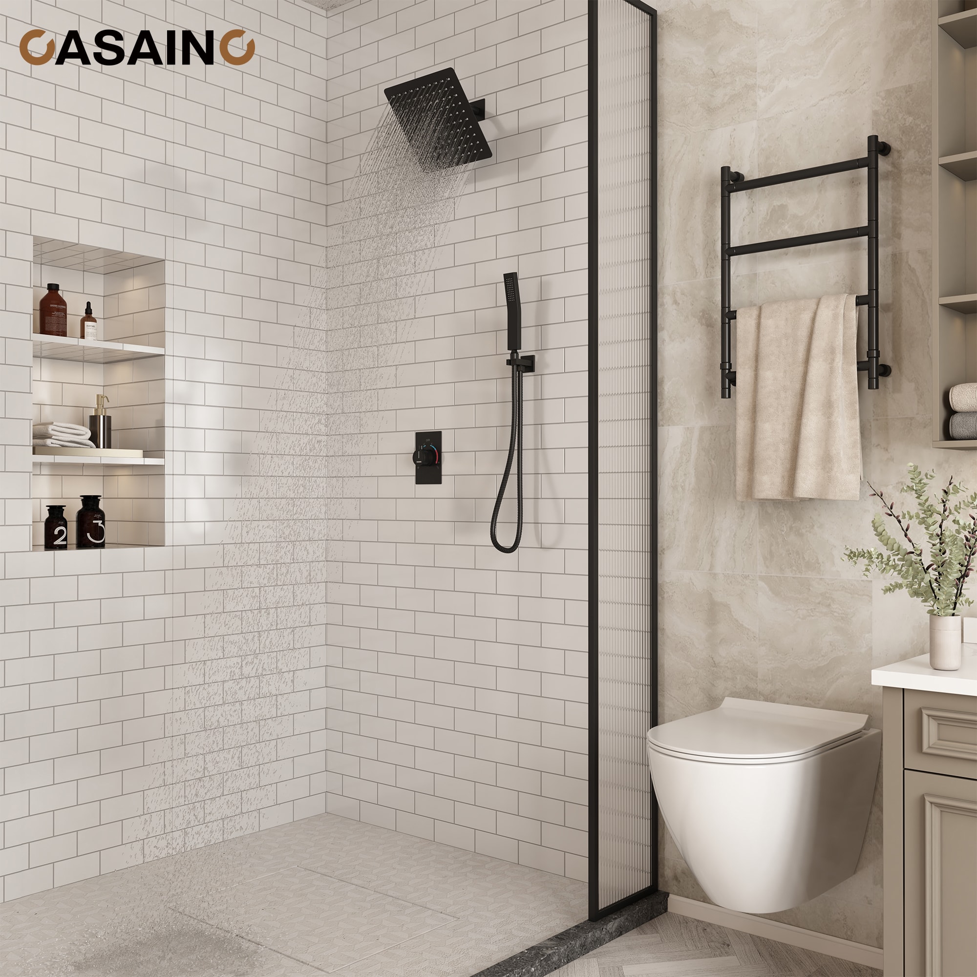 Sistema de ducha CASAINC 2 en 1 con regadera de mano en negro mate 10 pulgadas, grifo incorporado con desviador de 2 vías (incluye válvula de presión balanceada) WF-N96101BN-10