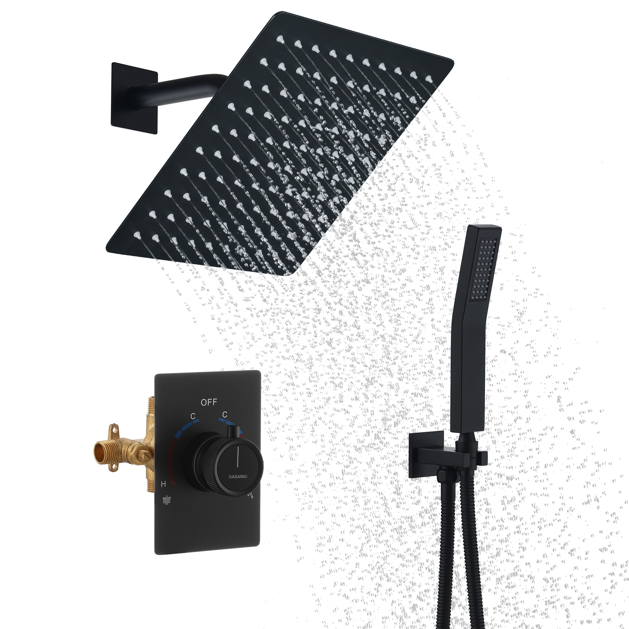 Sistema de ducha CASAINC 2 en 1 con regadera de mano en negro mate 10 pulgadas, grifo incorporado con desviador de 2 vías (incluye válvula de presión balanceada) WF-N96101BN-10