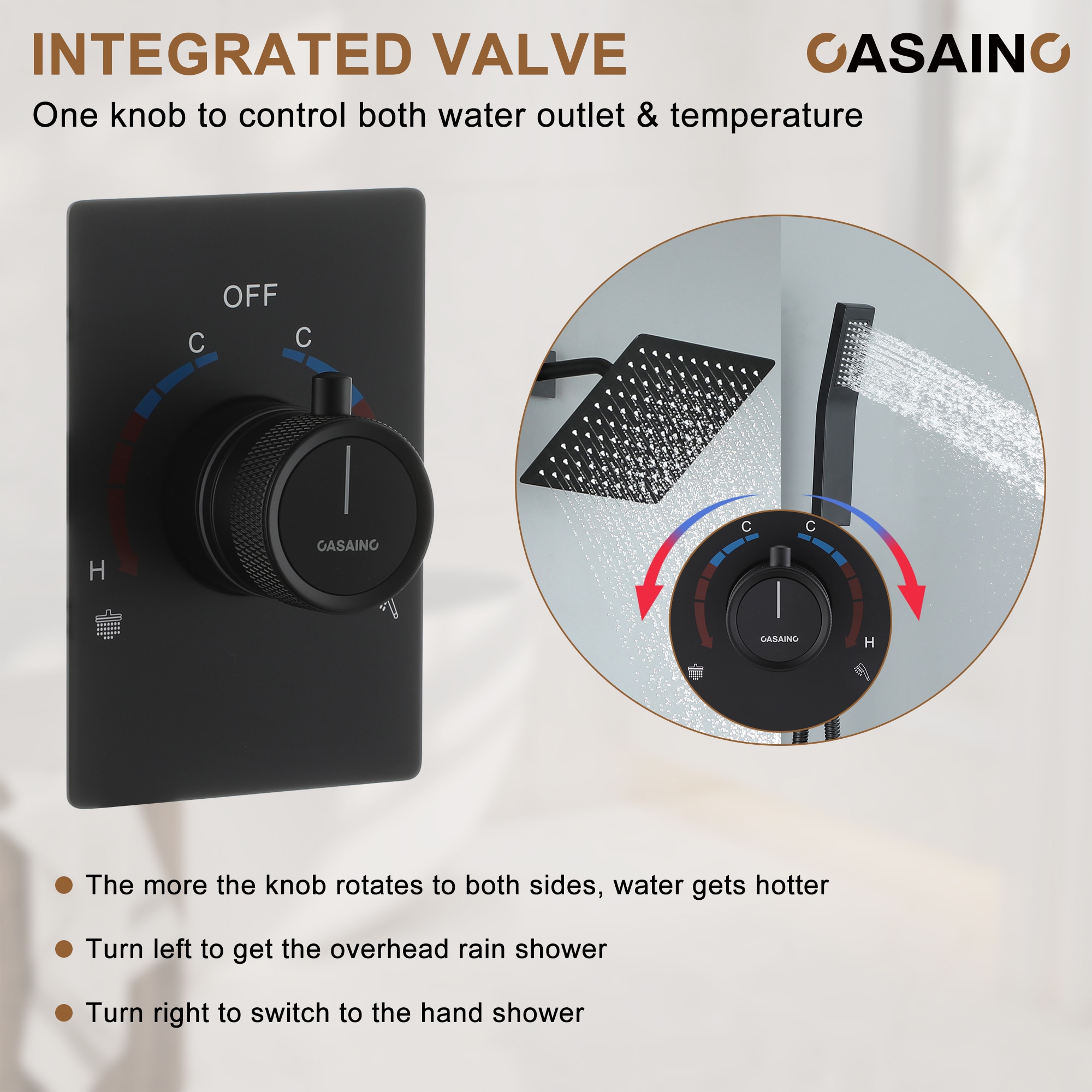 Sistema de ducha CASAINC 2 en 1 con regadera de mano en negro mate 10 pulgadas, grifo incorporado con desviador de 2 vías (incluye válvula de presión balanceada) WF-N96101BN-10