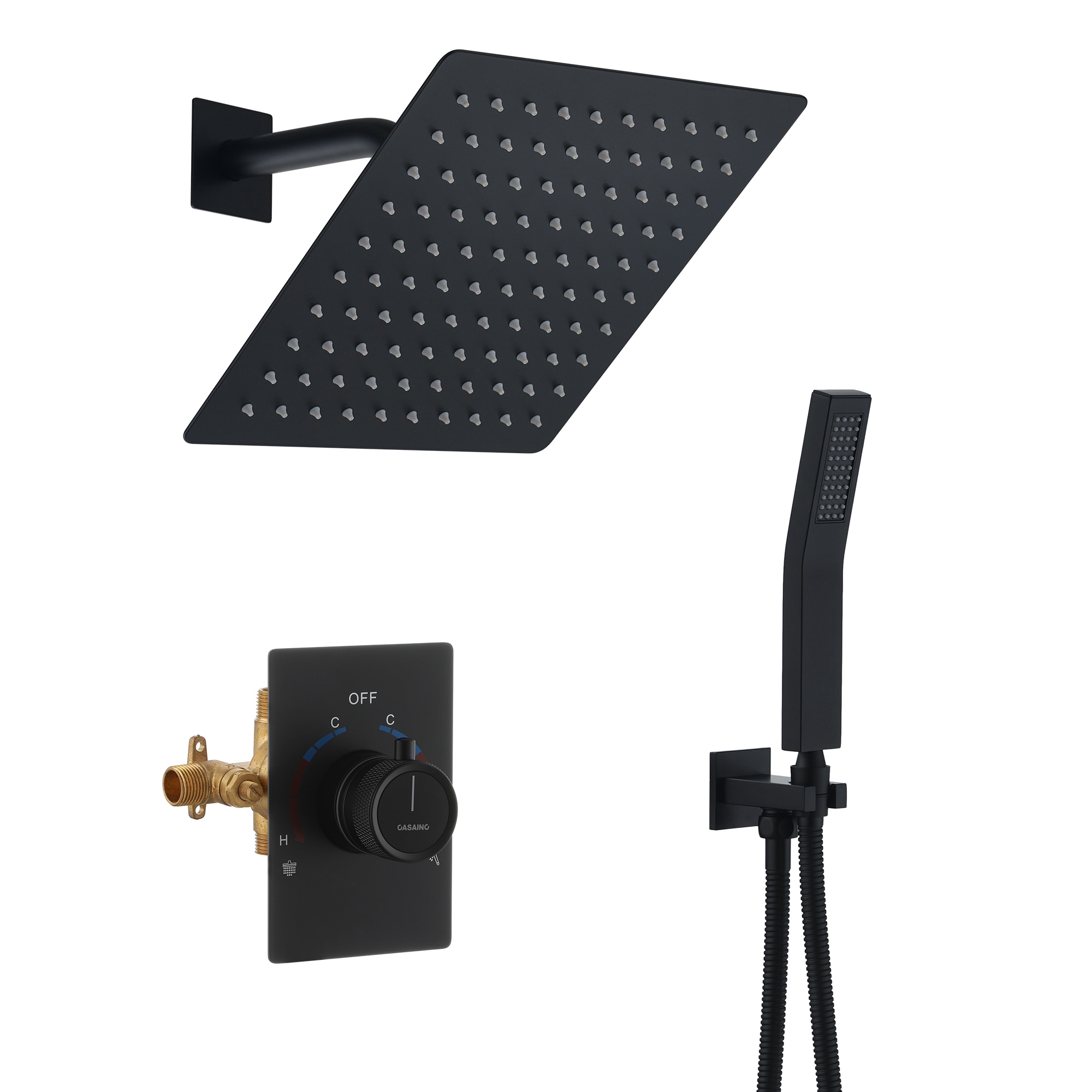 Sistema de ducha CASAINC 2 en 1 con regadera de mano en negro mate 10 pulgadas, grifo incorporado con desviador de 2 vías (incluye válvula de presión balanceada) WF-N96101BN-10