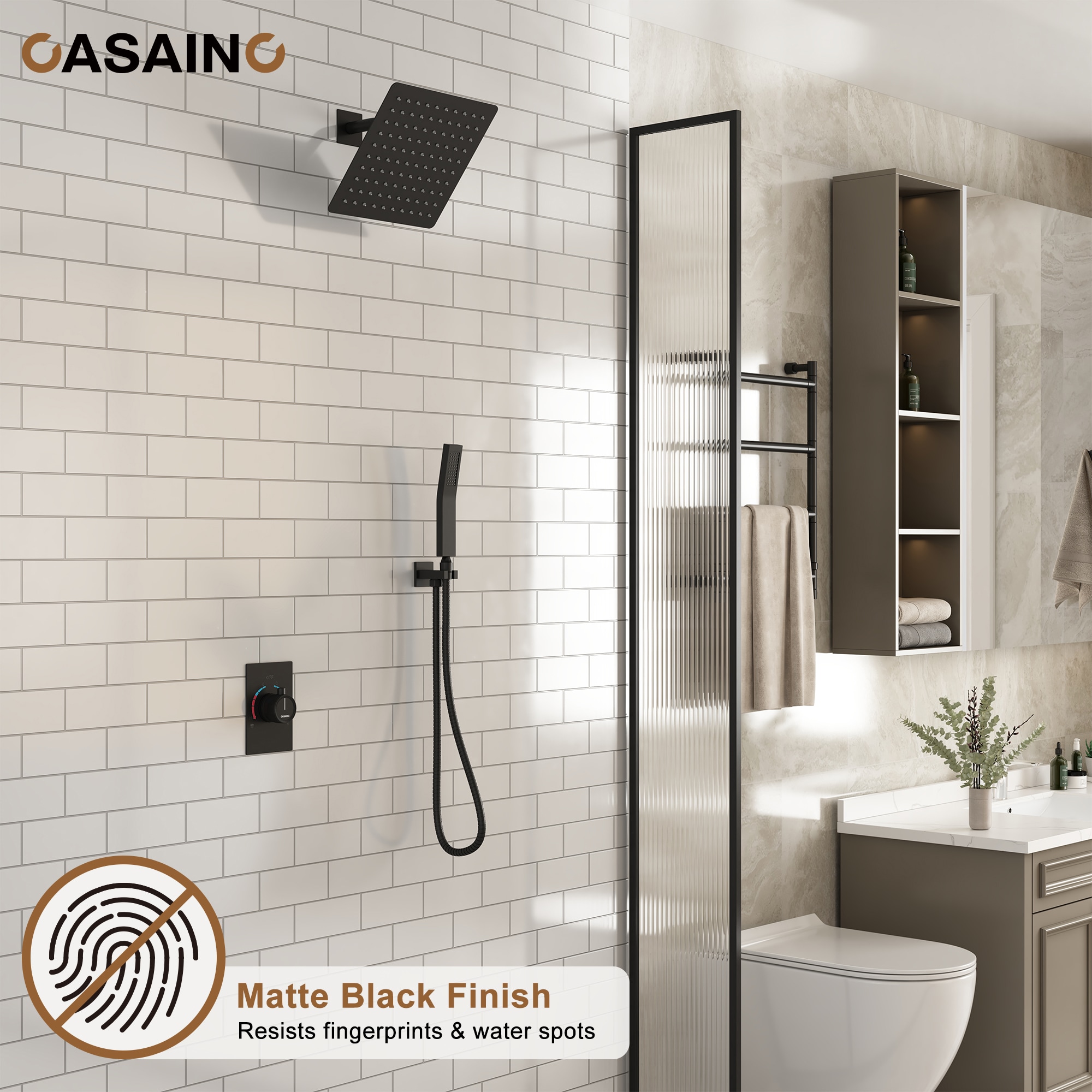 Sistema de ducha CASAINC 2 en 1 con regadera de mano en negro mate 10 pulgadas, grifo incorporado con desviador de 2 vías (incluye válvula de presión balanceada) WF-N96101BN-10