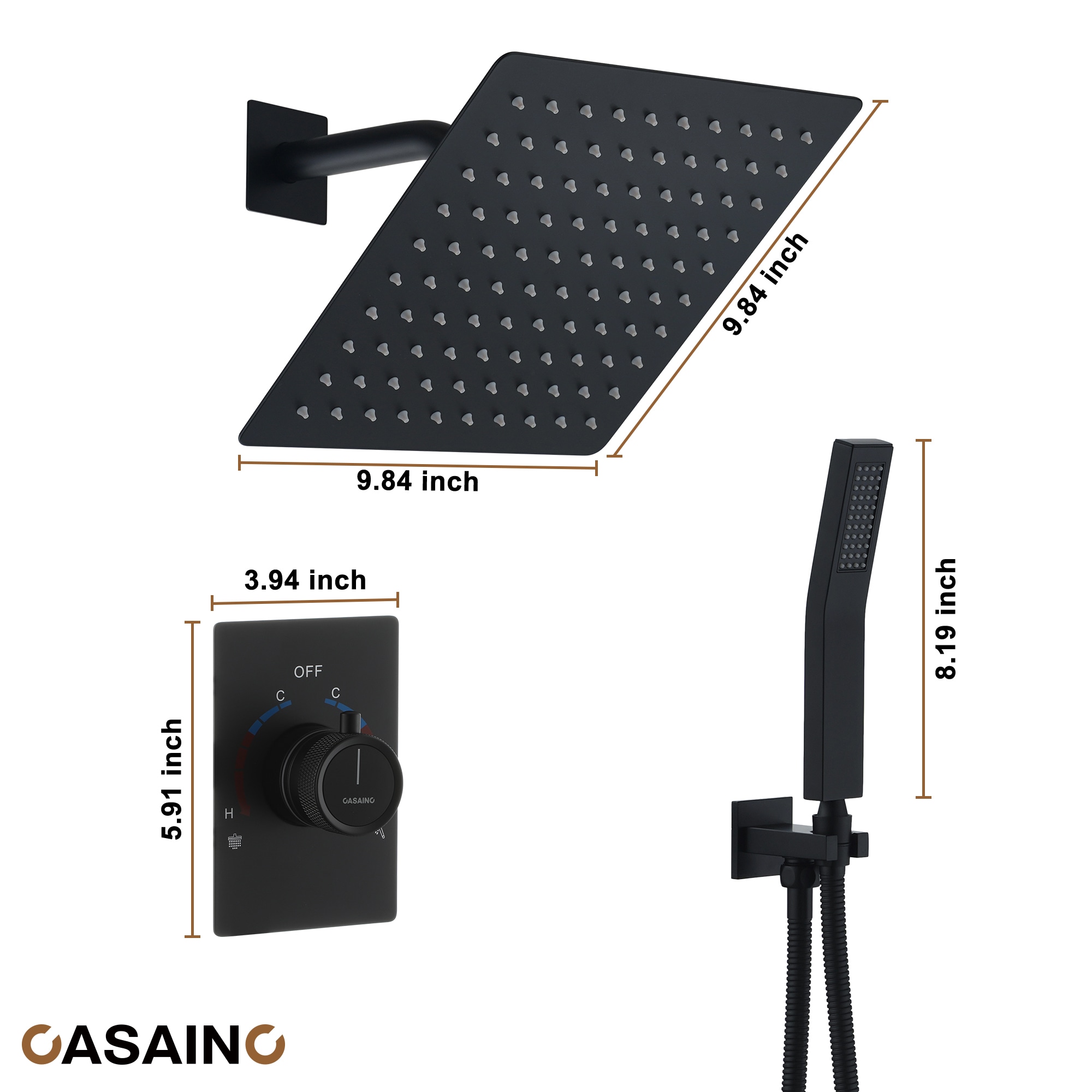 Sistema de ducha CASAINC 2 en 1 con regadera de mano en negro mate 10 pulgadas, grifo incorporado con desviador de 2 vías (incluye válvula de presión balanceada) WF-N96101BN-10