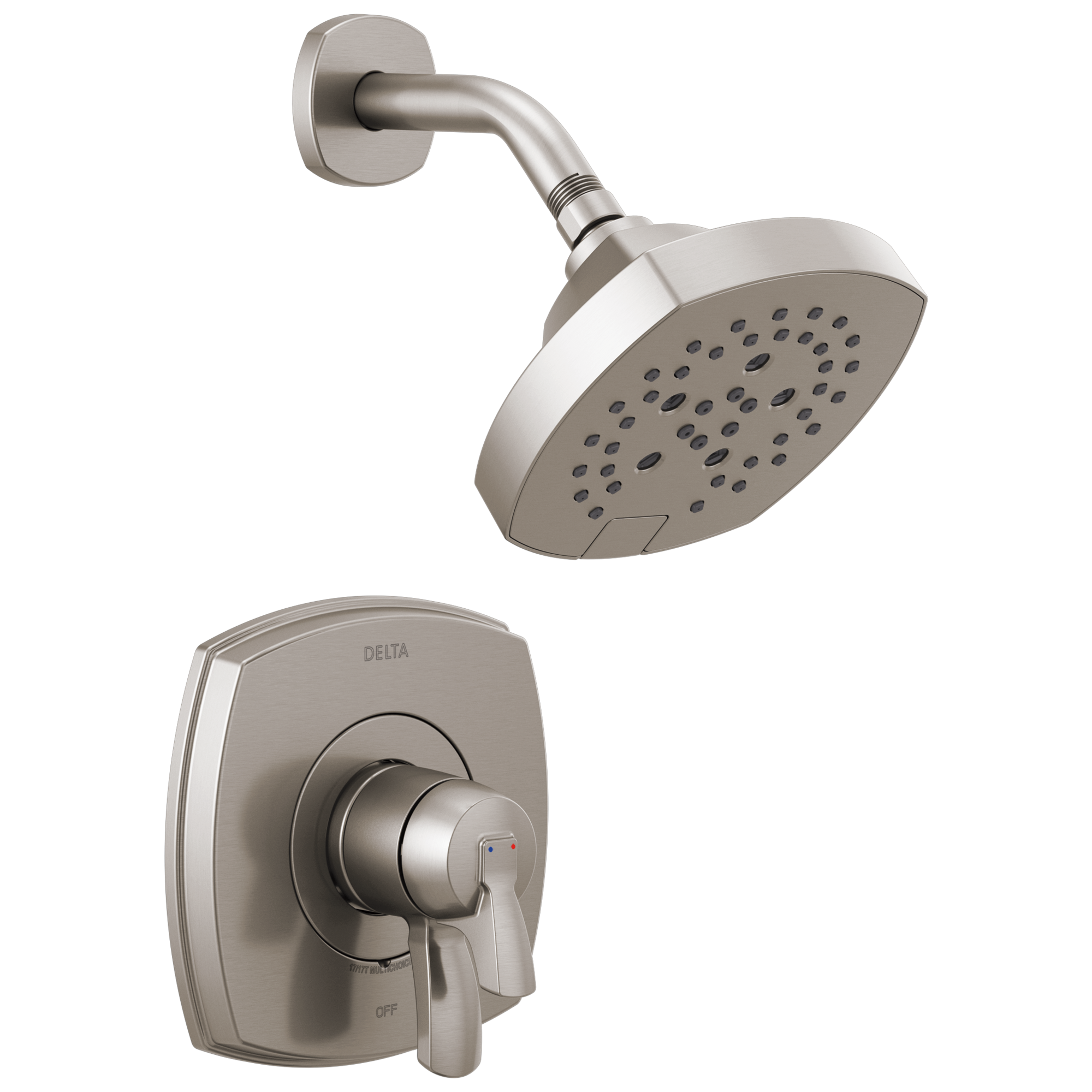 Grifo de ducha redondo de acero inoxidable con 2 manijas y función multiusos de 7.0 pulgadas Delta Stryke T17276-SS