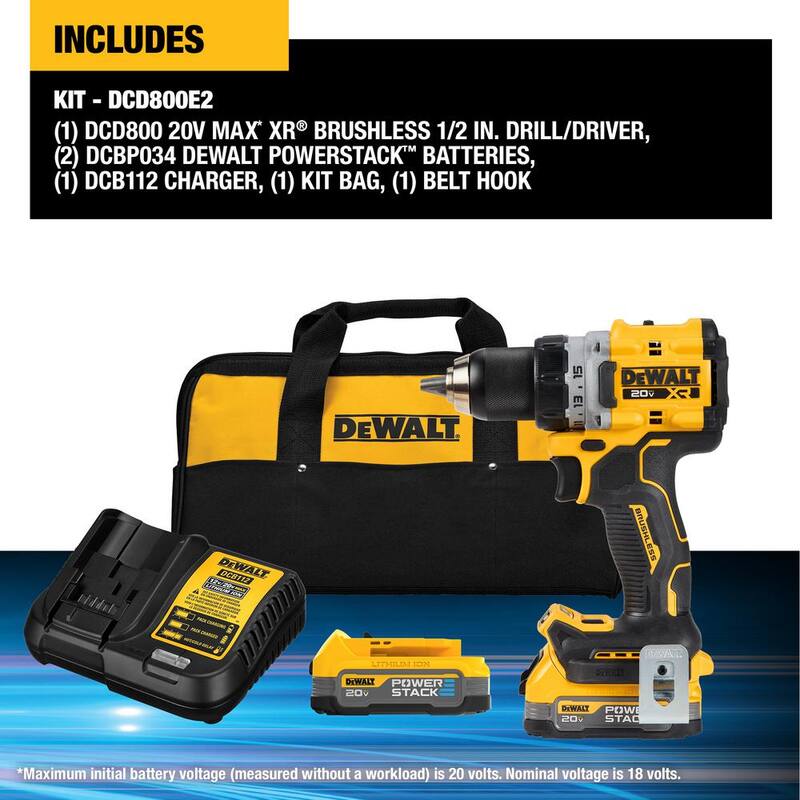 Juego de taladro inalámbrico compacto DEWALT 20V de iones de litio sin escobillas de 1/2 pulgadas con (2) baterías de 1.7Ah y cargador - DCD800E2