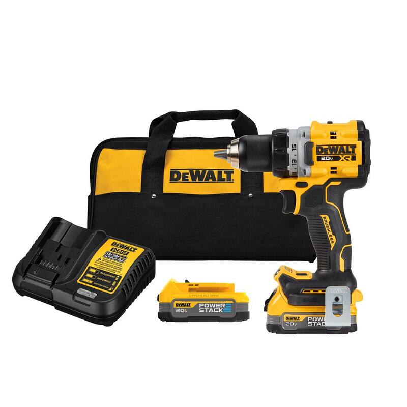 Juego de taladro inalámbrico compacto DEWALT 20V de iones de litio sin escobillas de 1/2 pulgadas con (2) baterías de 1.7Ah y cargador - DCD800E2