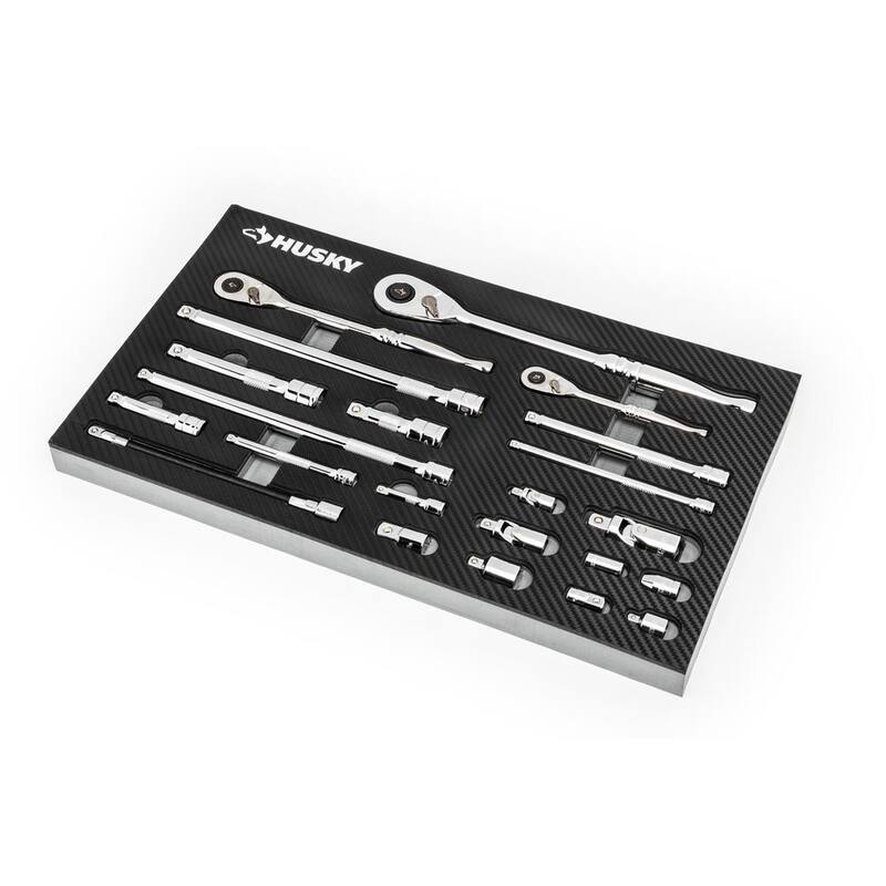 Juego de trinquetes y accesorios Husky de 1/4, 3/8 y 1/2 pulgadas, con 144 posiciones en EVA (22 piezas) - H144RAT22PCEVA
