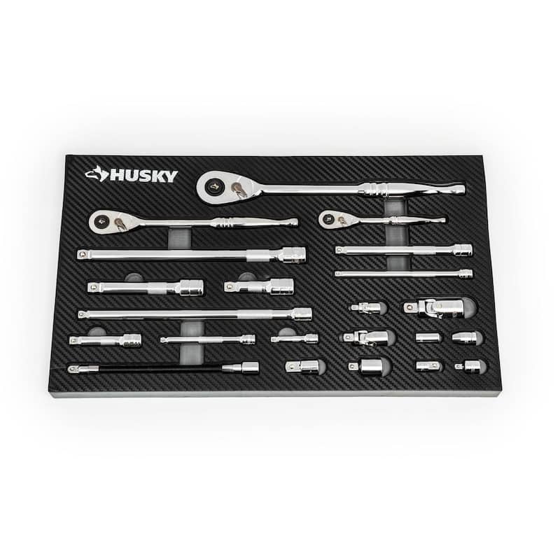Juego de trinquetes y accesorios Husky de 1/4, 3/8 y 1/2 pulgadas, con 144 posiciones en EVA (22 piezas) - H144RAT22PCEVA
