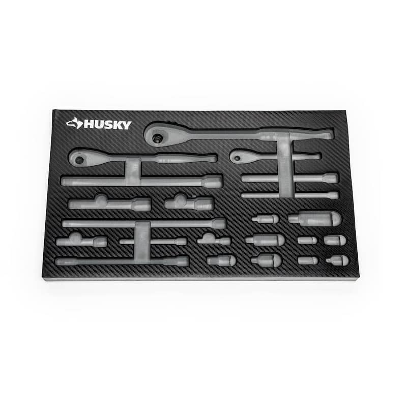 Juego de trinquetes y accesorios Husky de 1/4, 3/8 y 1/2 pulgadas, con 144 posiciones en EVA (22 piezas) - H144RAT22PCEVA
