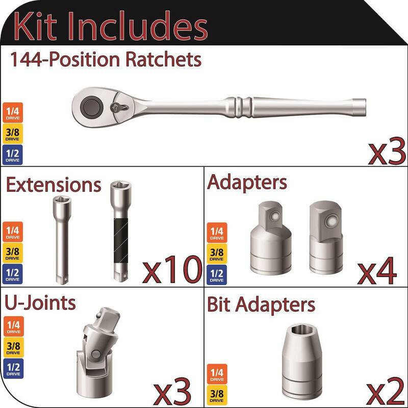 Juego de trinquetes y accesorios Husky de 1/4, 3/8 y 1/2 pulgadas, con 144 posiciones en EVA (22 piezas) - H144RAT22PCEVA