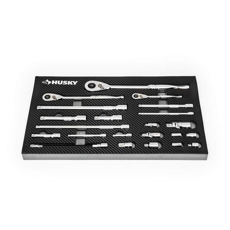 Juego de trinquetes y accesorios Husky de 1/4, 3/8 y 1/2 pulgadas, con 144 posiciones en EVA (22 piezas) - H144RAT22PCEVA