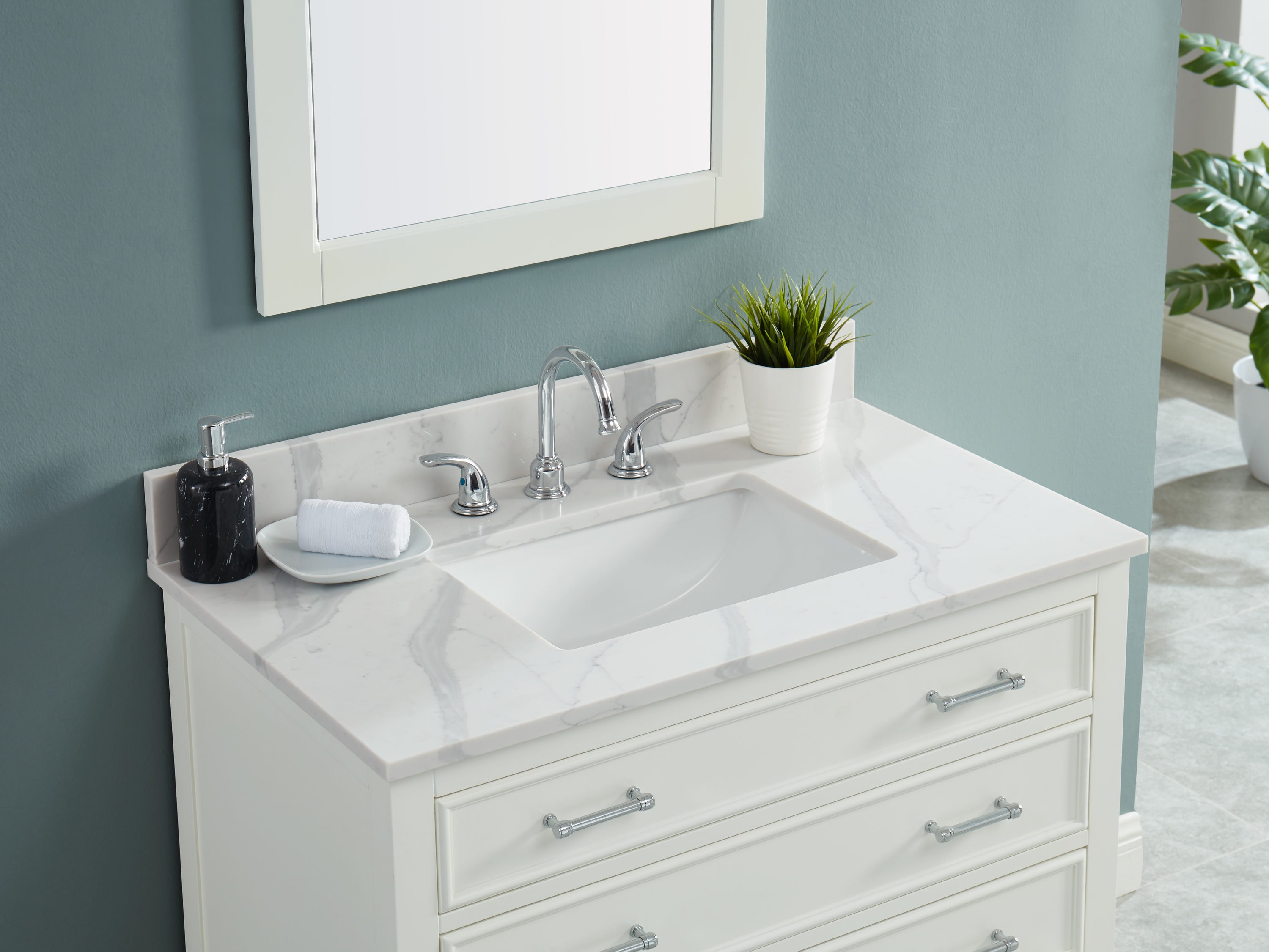 Tapa de tocador de baño de cuarzo blanco Calacatta de allen + roth de 37 pulgadas x 22 pulgadas con lavabo individual bajo cubierta y 3 orificios