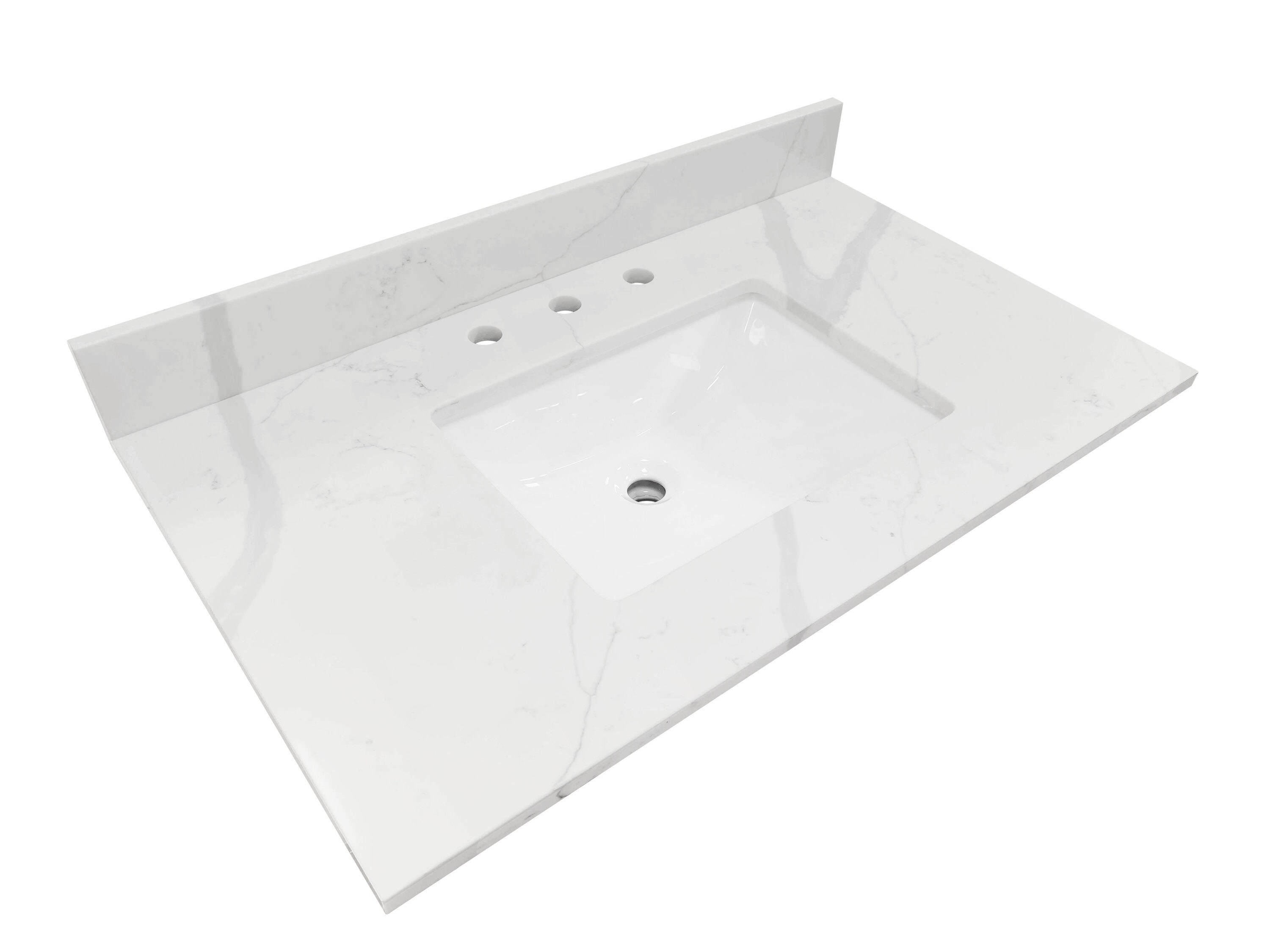 Tapa de tocador de baño de cuarzo blanco Calacatta de allen + roth de 37 pulgadas x 22 pulgadas con lavabo individual bajo cubierta y 3 orificios