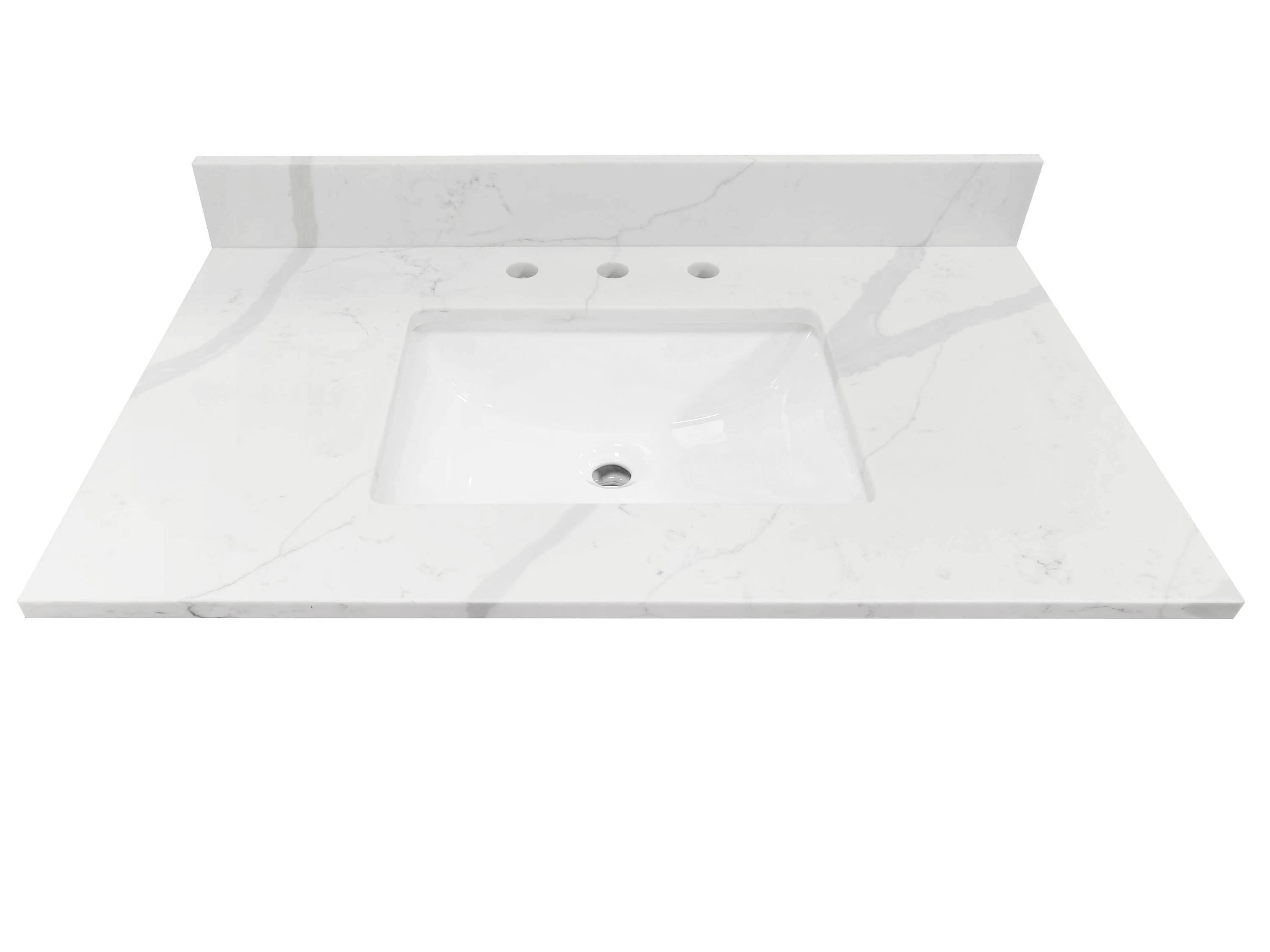 Tapa de tocador de baño de cuarzo blanco Calacatta de allen + roth de 37 pulgadas x 22 pulgadas con lavabo individual bajo cubierta y 3 orificios