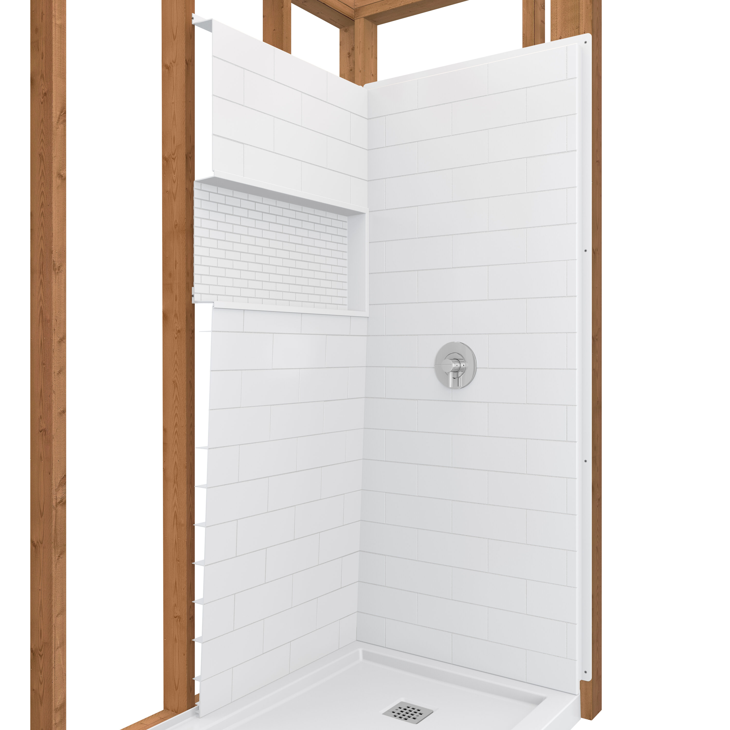 Cubierta de pared para regadera encajable de 4 piezas MAAX NexTile de 60 pulgadas de ancho x 30 pulgadas de profundidad x 74 pulgadas de altura en blanco, para instalar directamente en los montantes.