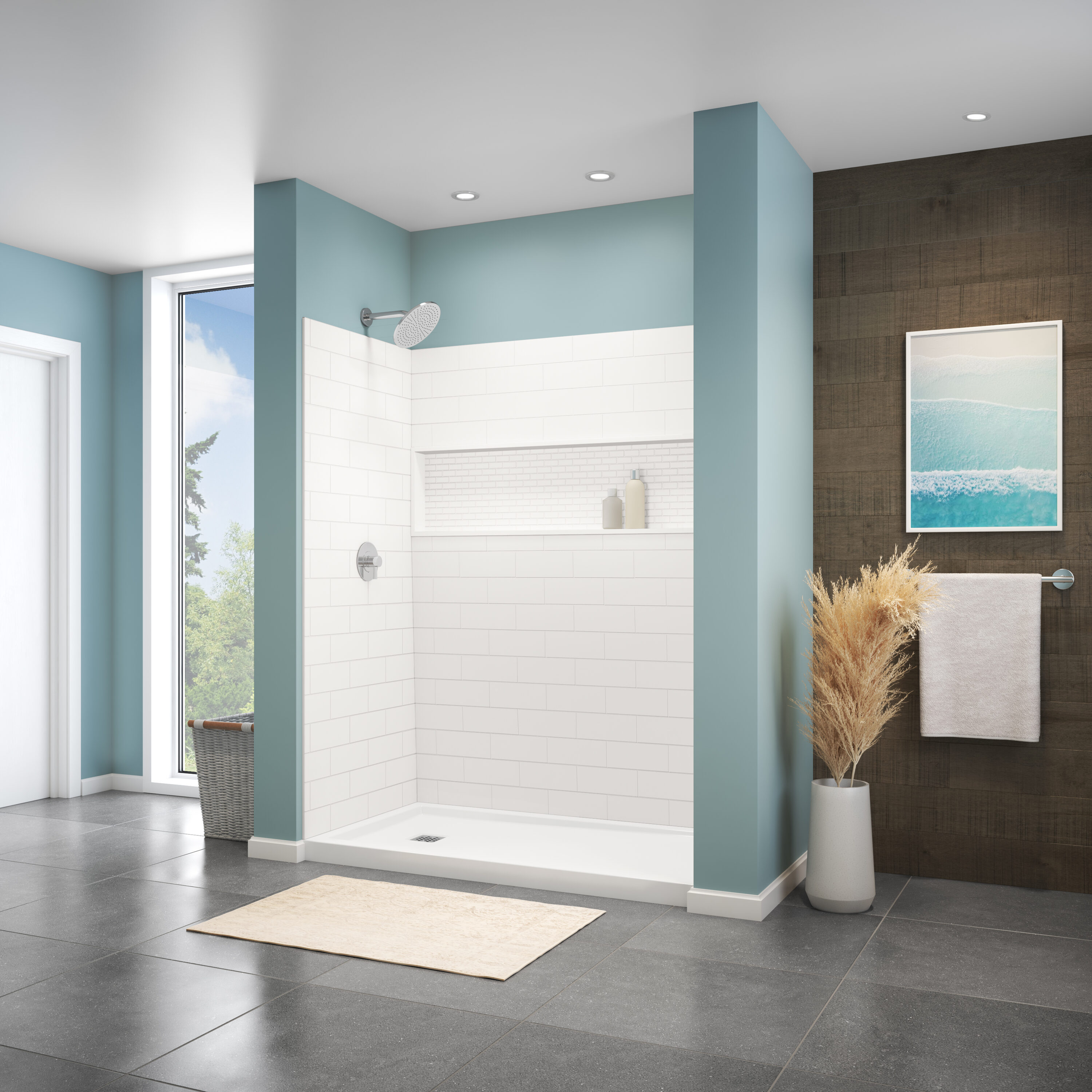 Cubierta de pared para regadera encajable de 4 piezas MAAX NexTile de 60 pulgadas de ancho x 30 pulgadas de profundidad x 74 pulgadas de altura en blanco, para instalar directamente en los montantes.