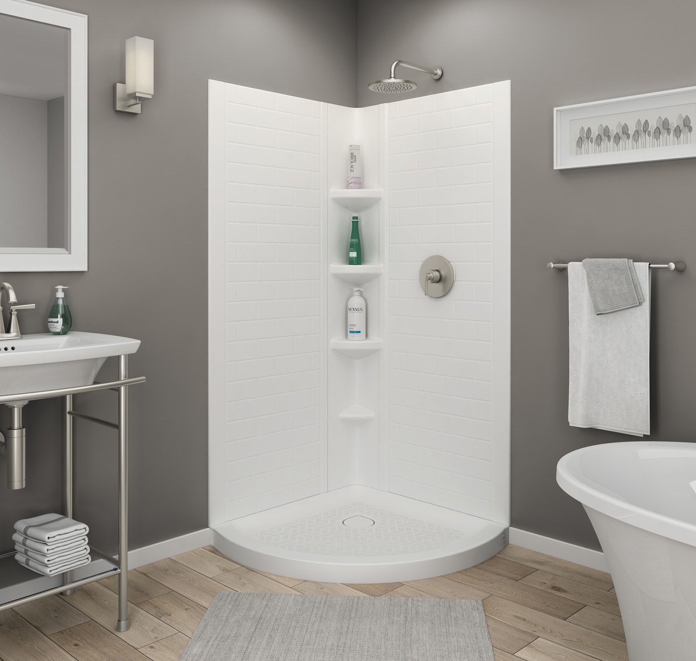 Panel de esquina para ducha de 3 piezas American Standard Elevate, color blanco ártico, de 36 pulgadas de ancho x 36 pulgadas de profundidad x 72 pulgadas de altura.