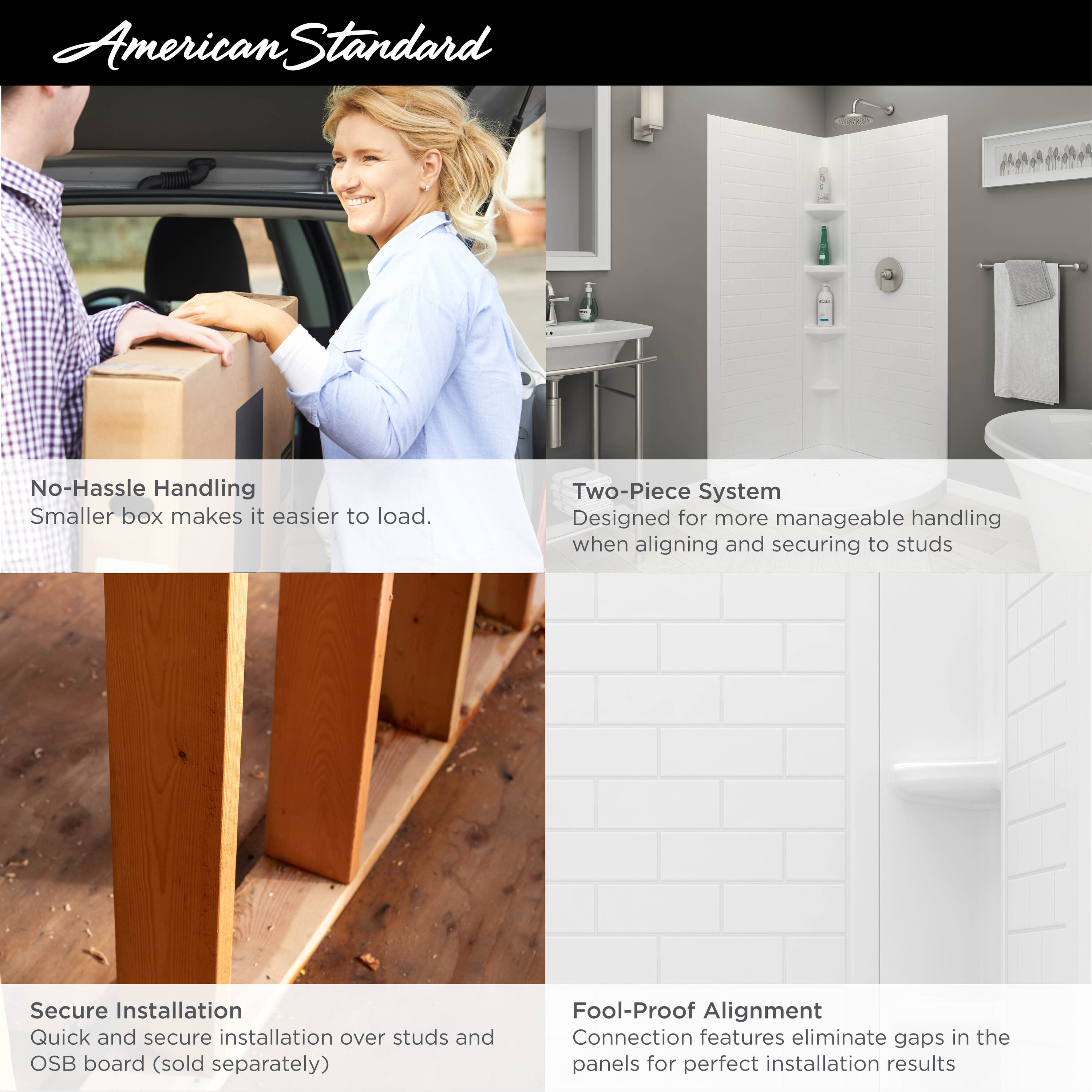 Panel de esquina para ducha de 3 piezas American Standard Elevate, color blanco ártico, de 36 pulgadas de ancho x 36 pulgadas de profundidad x 72 pulgadas de altura.