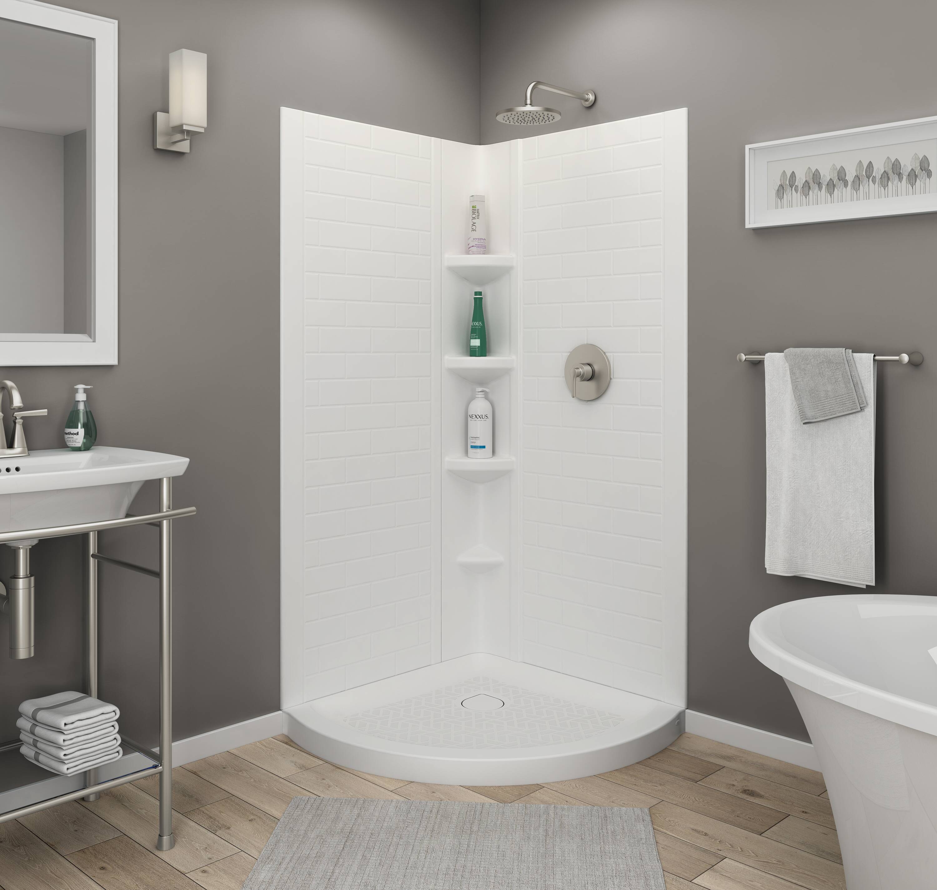 Panel de esquina para ducha de 3 piezas American Standard Elevate, color blanco ártico, de 36 pulgadas de ancho x 36 pulgadas de profundidad x 72 pulgadas de altura.