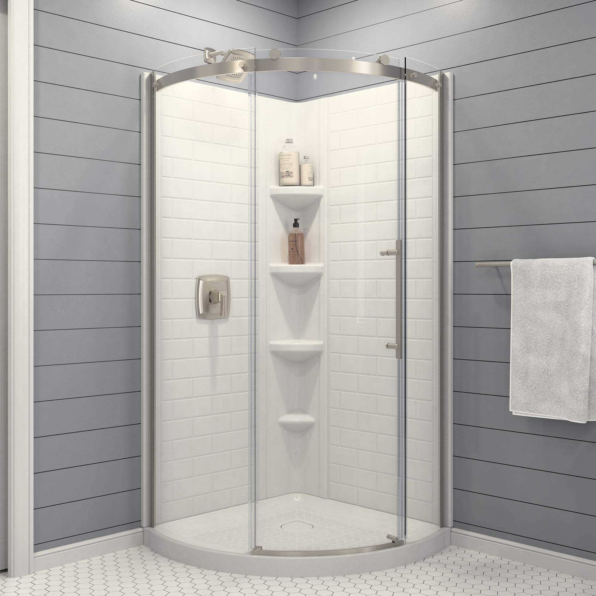 Panel de esquina para ducha de 3 piezas American Standard Elevate, color blanco ártico, de 36 pulgadas de ancho x 36 pulgadas de profundidad x 72 pulgadas de altura.