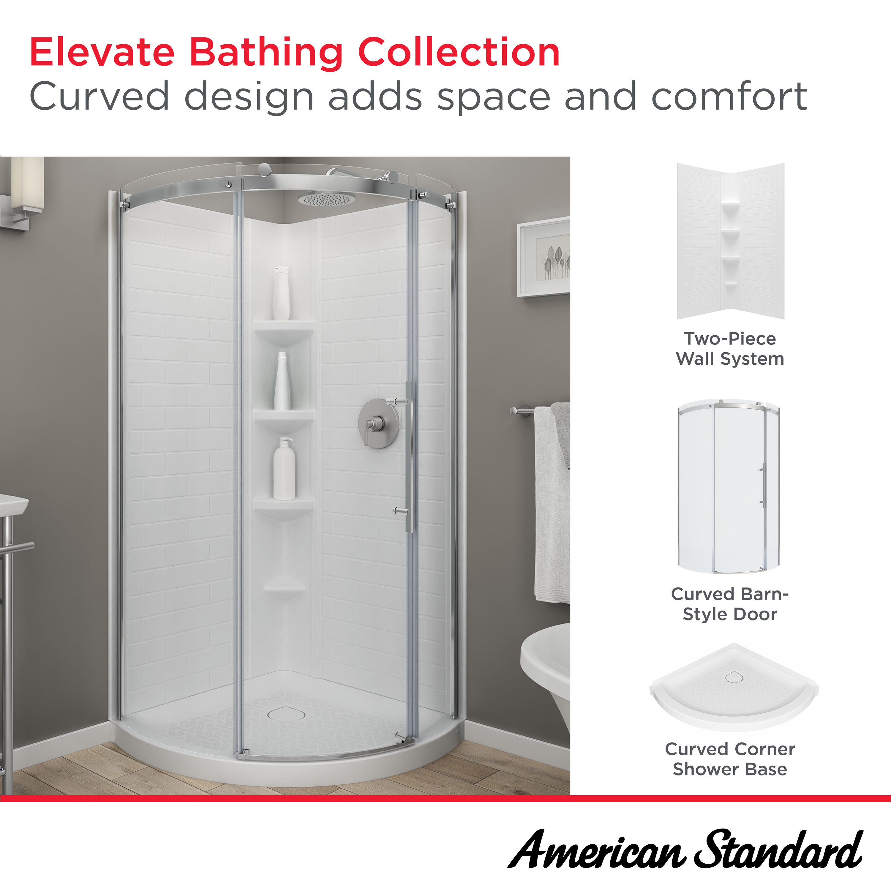 Panel de esquina para ducha de 3 piezas American Standard Elevate, color blanco ártico, de 36 pulgadas de ancho x 36 pulgadas de profundidad x 72 pulgadas de altura.