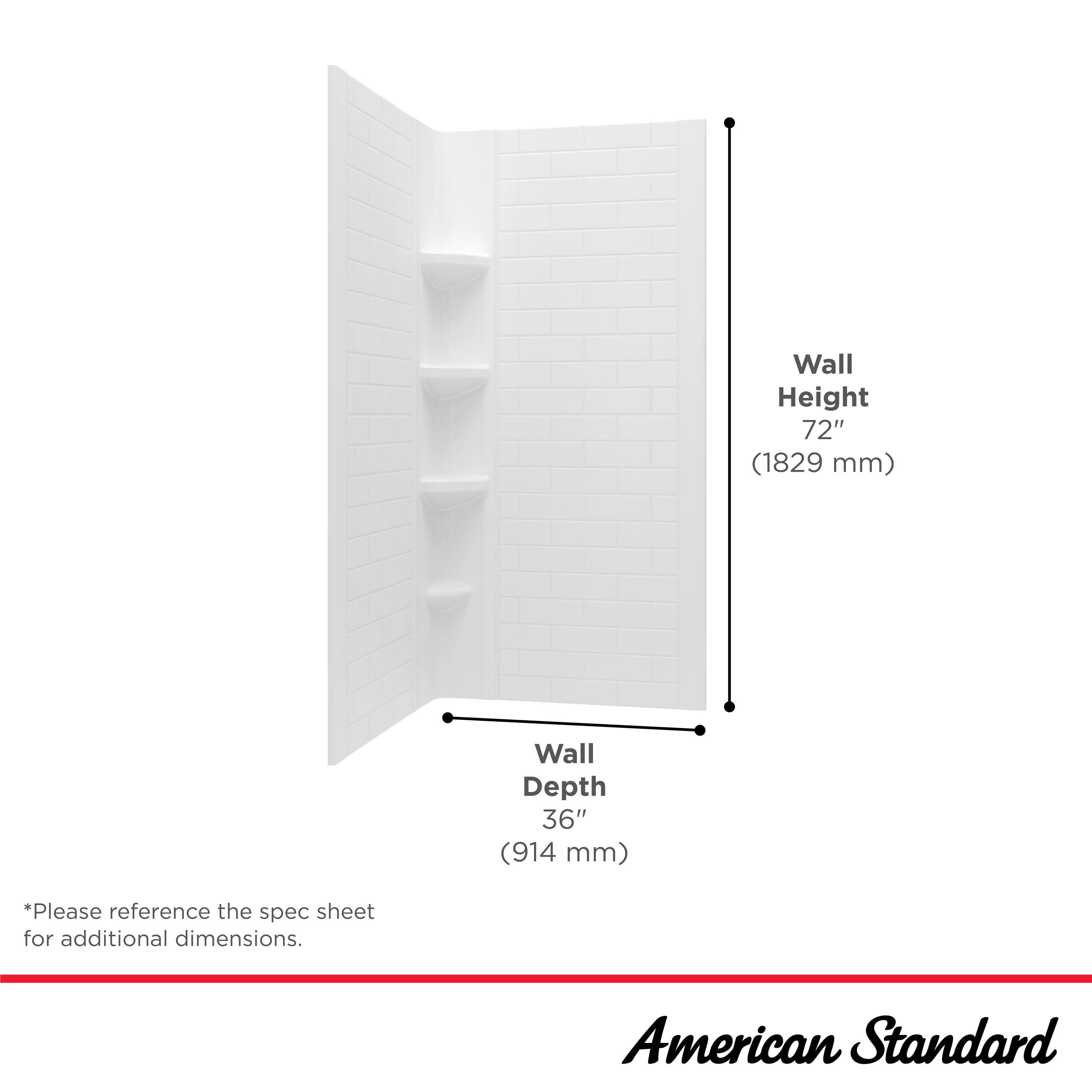 Panel de esquina para ducha de 3 piezas American Standard Elevate, color blanco ártico, de 36 pulgadas de ancho x 36 pulgadas de profundidad x 72 pulgadas de altura.