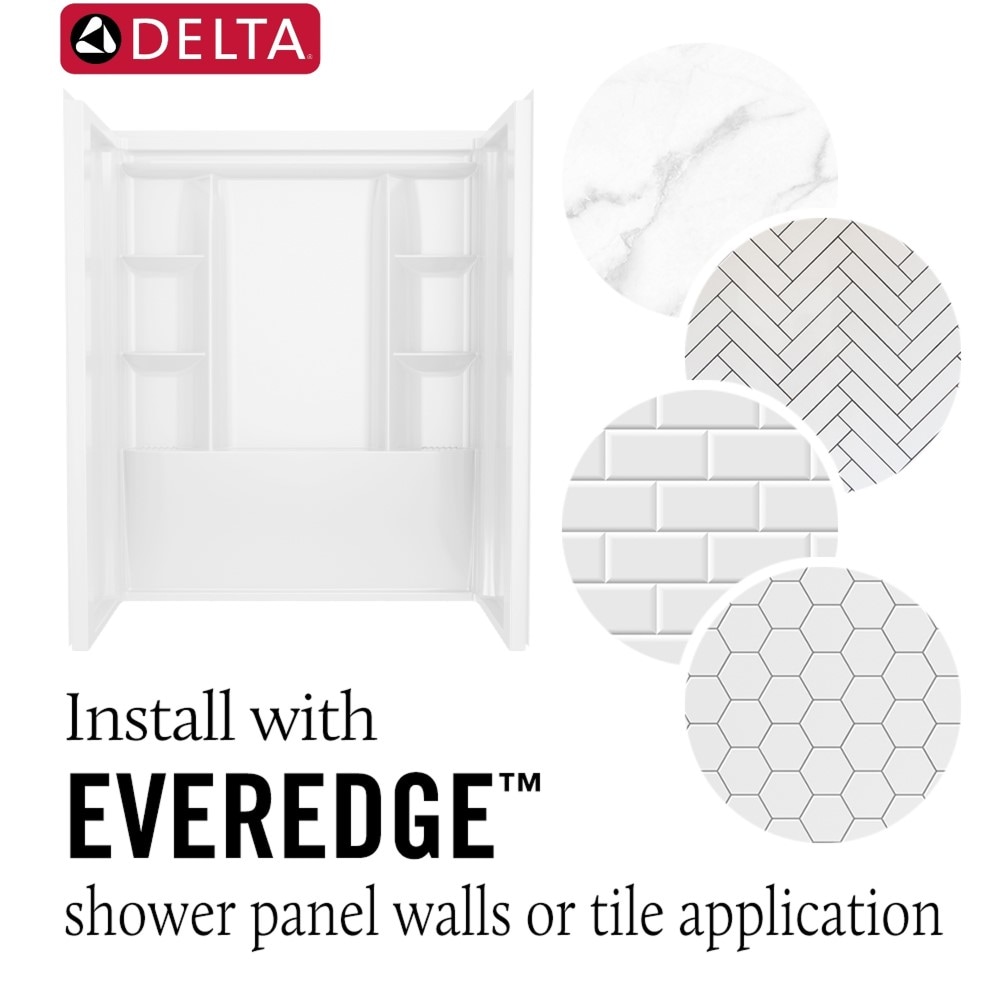 Recubrimiento de pared para regadera Delta EverEdge 48 pulgadas de ancho x 34 pulgadas de profundidad x 72 pulgadas de alto con acabado blanco de alto brillo, directo a la pared.