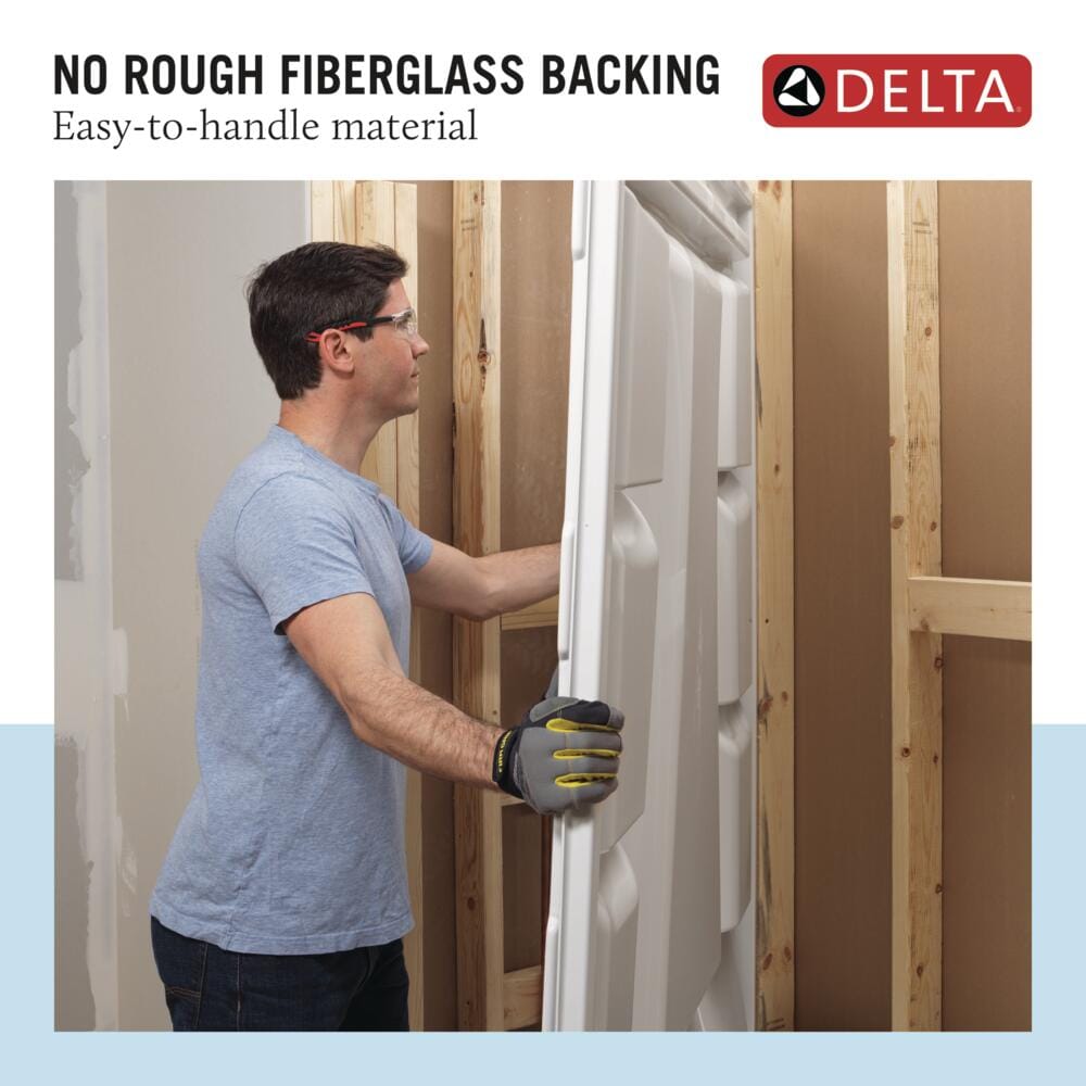 Recubrimiento de pared para regadera Delta EverEdge 48 pulgadas de ancho x 34 pulgadas de profundidad x 72 pulgadas de alto con acabado blanco de alto brillo, directo a la pared.
