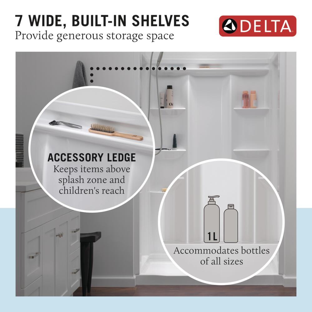 Recubrimiento de pared para regadera Delta EverEdge 48 pulgadas de ancho x 34 pulgadas de profundidad x 72 pulgadas de alto con acabado blanco de alto brillo, directo a la pared.