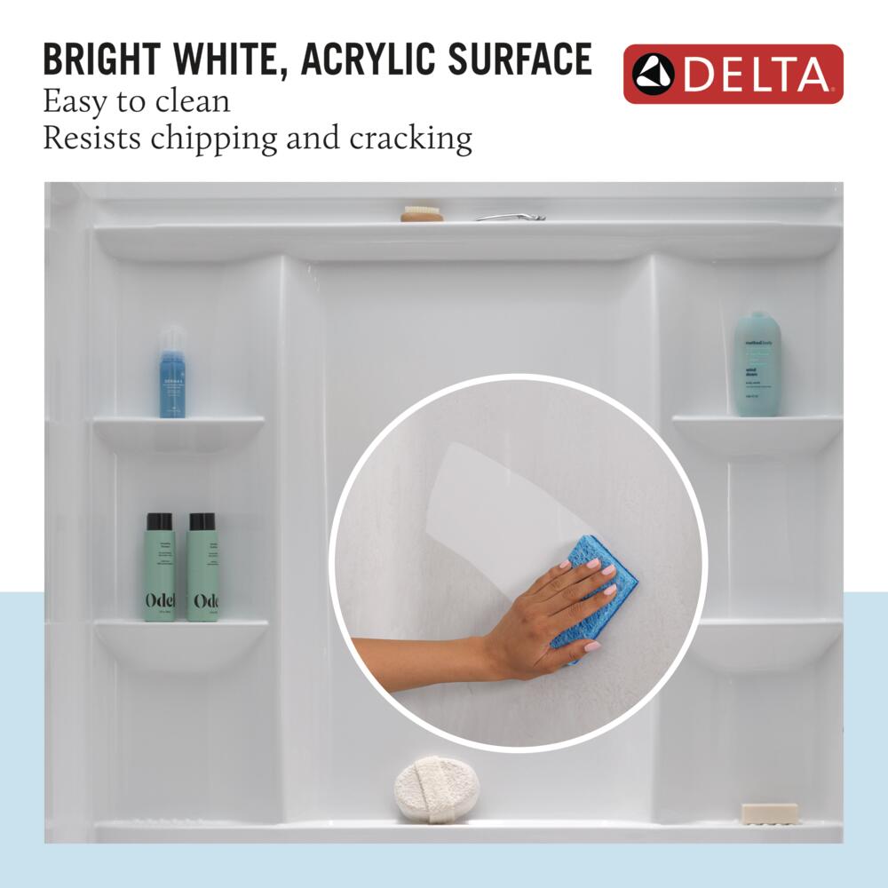 Recubrimiento de pared para regadera Delta EverEdge 48 pulgadas de ancho x 34 pulgadas de profundidad x 72 pulgadas de alto con acabado blanco de alto brillo, directo a la pared.