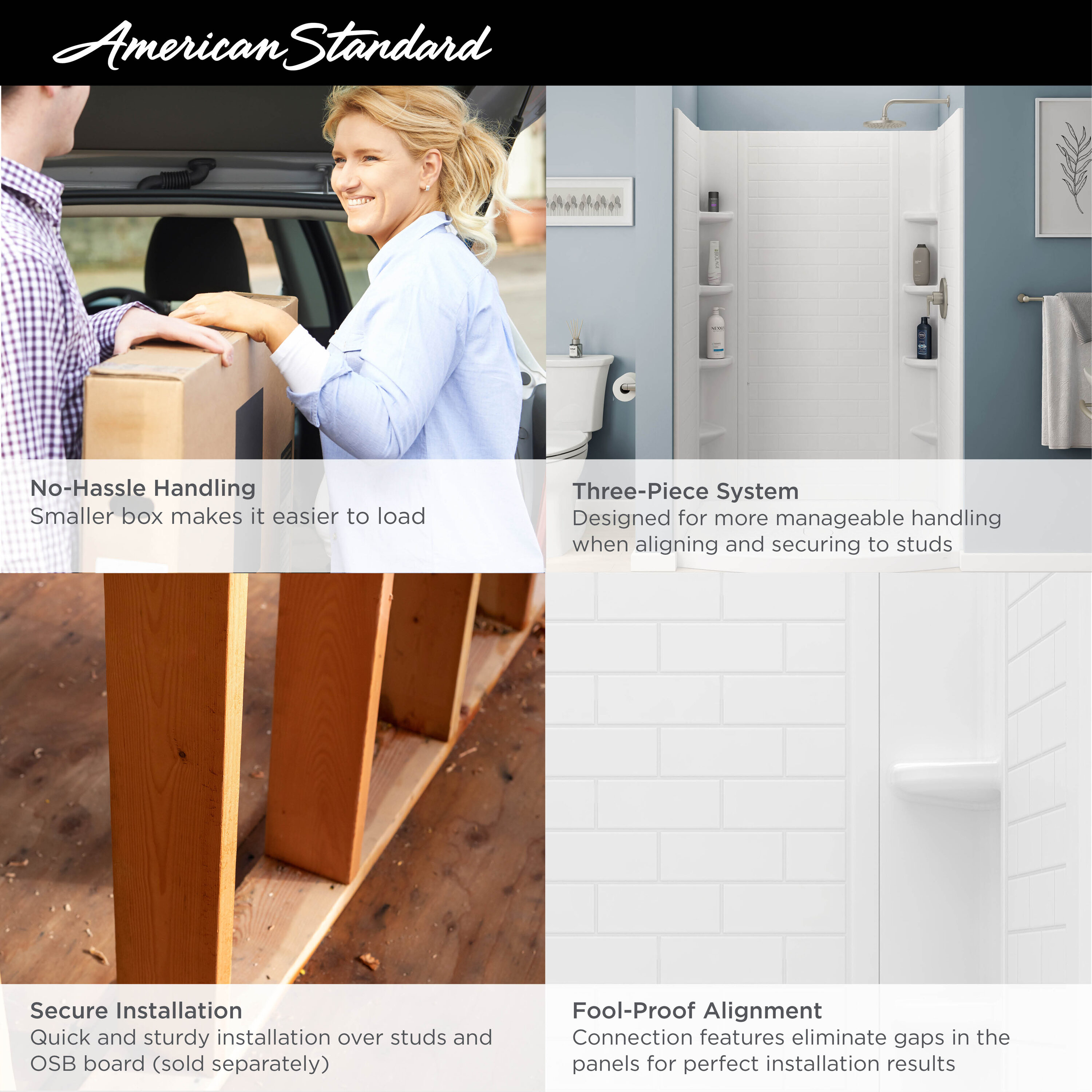 Kit de panel de ducha alcoba de 3 piezas American Standard Elevate 48 pulgadas de ancho x 30 pulgadas de profundidad x 72 pulgadas de altura en blanco ártico.