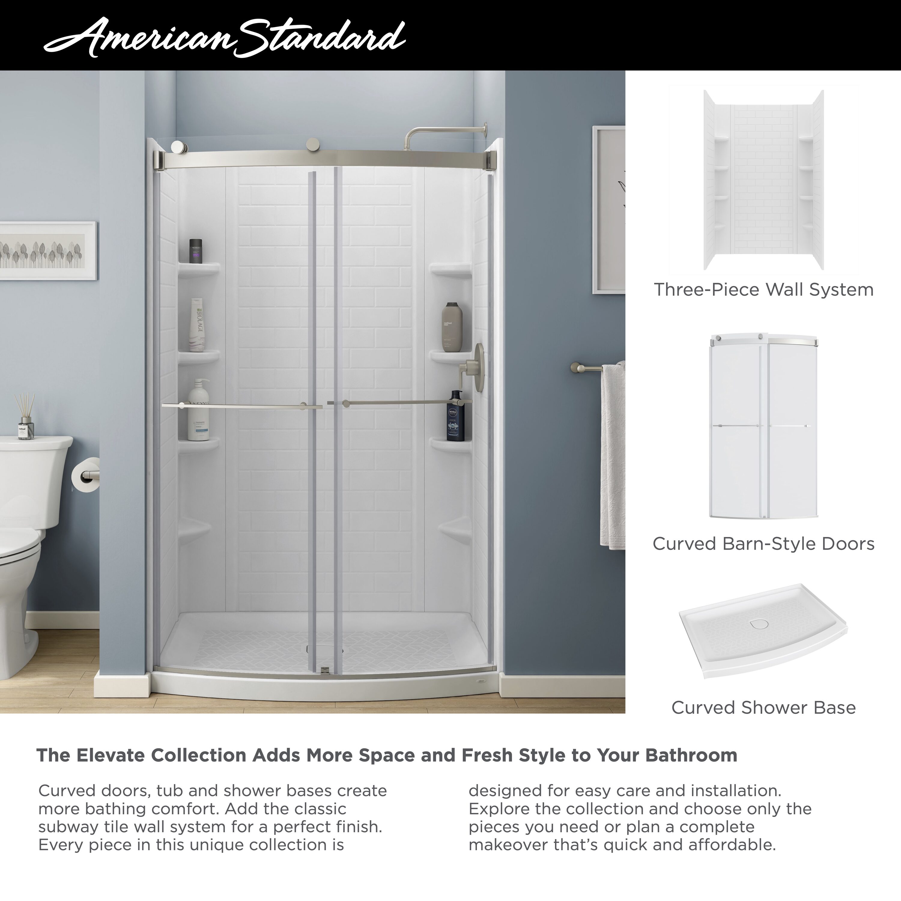 Kit de panel de ducha alcoba de 3 piezas American Standard Elevate 48 pulgadas de ancho x 30 pulgadas de profundidad x 72 pulgadas de altura en blanco ártico.