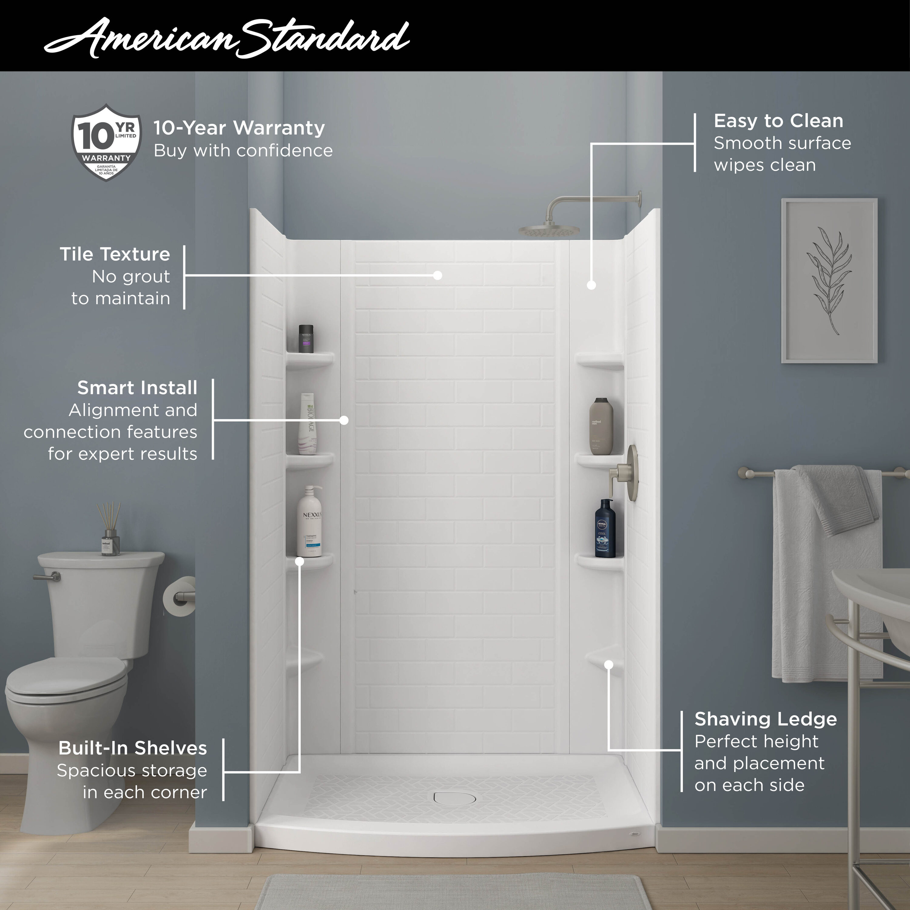 Kit de panel de ducha alcoba de 3 piezas American Standard Elevate 48 pulgadas de ancho x 30 pulgadas de profundidad x 72 pulgadas de altura en blanco ártico.
