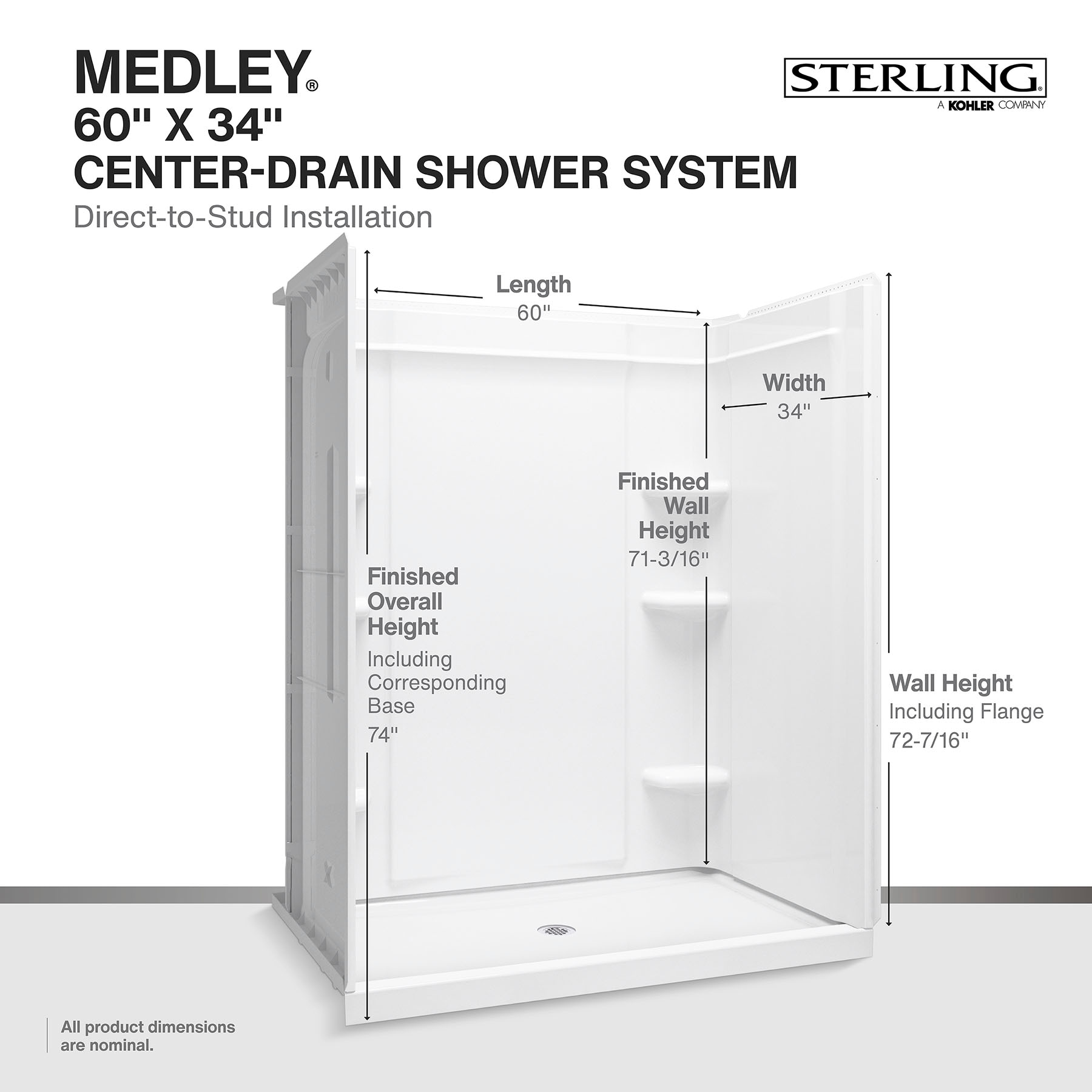 Panel de pared trasera para ducha encajonada de una pieza, directo al espárrago, en blanco de 60 pulgadas de ancho x 1.625 pulgadas de profundidad x 70.75 pulgadas de alto de Sterling Medley