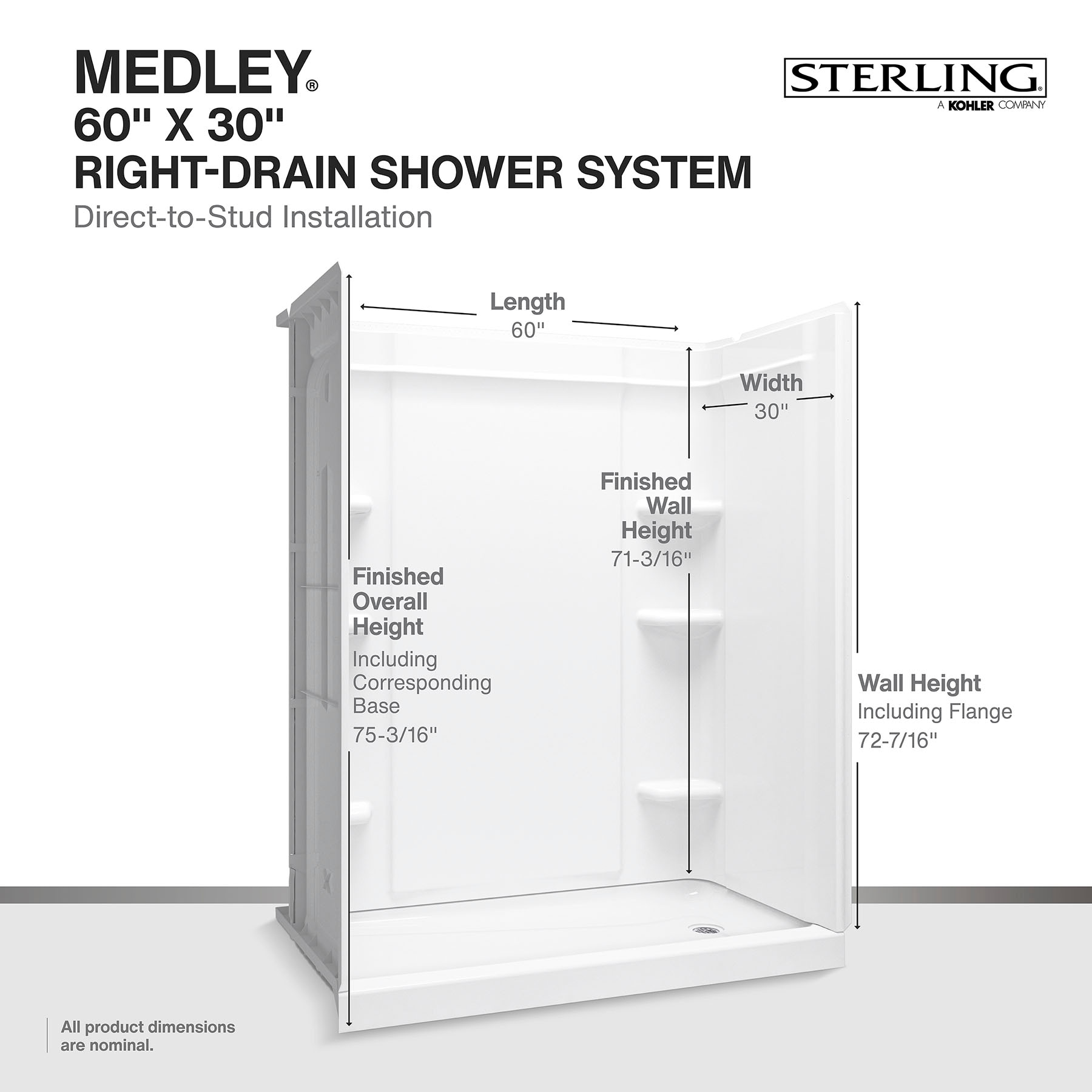 Panel de pared trasera para ducha encajonada de una pieza, directo al espárrago, en blanco de 60 pulgadas de ancho x 1.625 pulgadas de profundidad x 70.75 pulgadas de alto de Sterling Medley