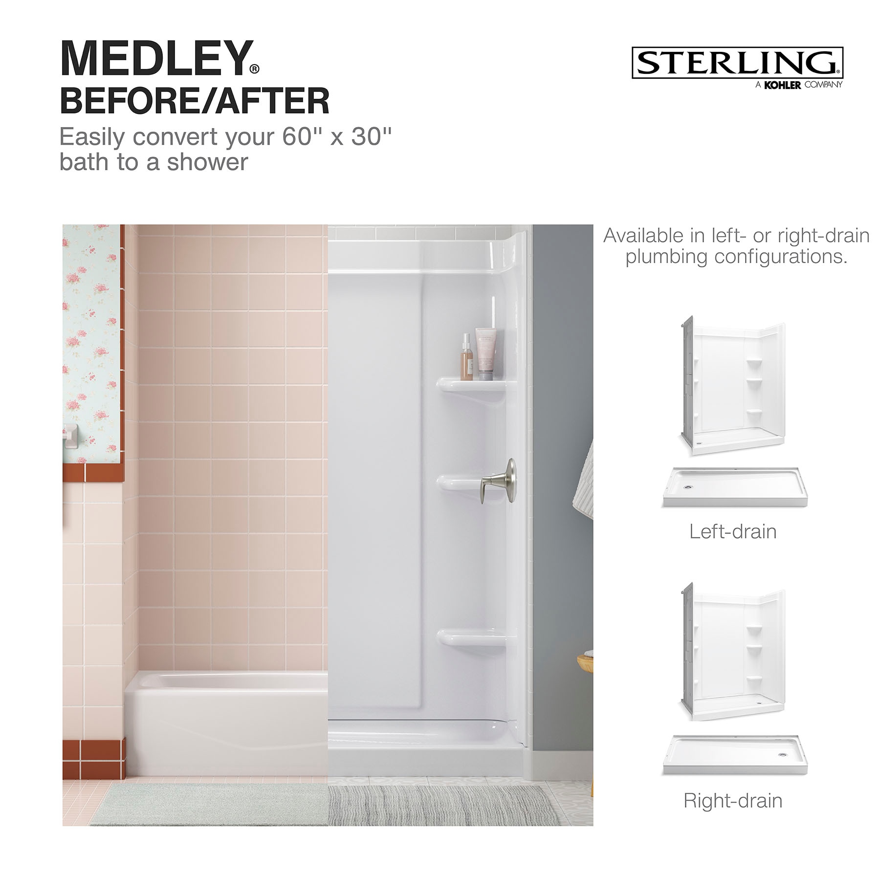 Panel de pared trasera para ducha encajonada de una pieza, directo al espárrago, en blanco de 60 pulgadas de ancho x 1.625 pulgadas de profundidad x 70.75 pulgadas de alto de Sterling Medley