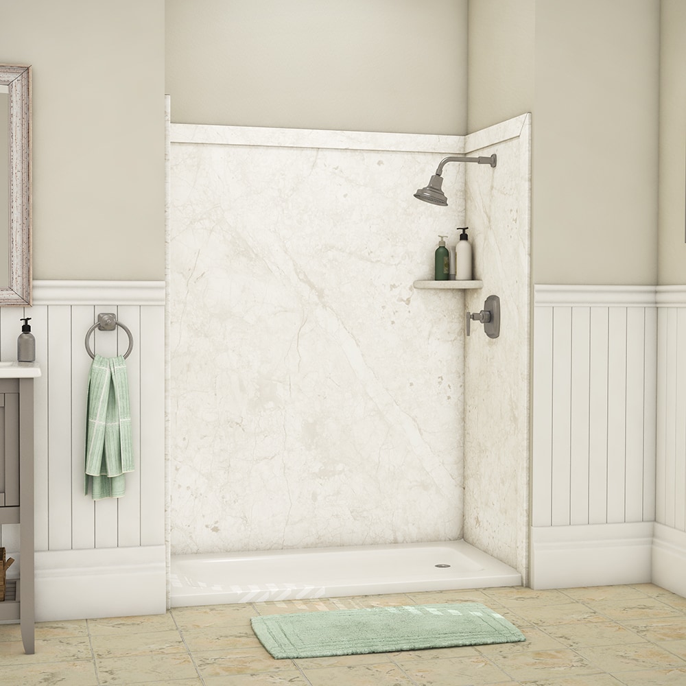 Revestimiento de pared de ducha alcove FlexStone Adaptable 60 pulg. de ancho x 60 pulg. de profundidad x 80 pulg. de altura en color crema Botticino 3.0 piezas