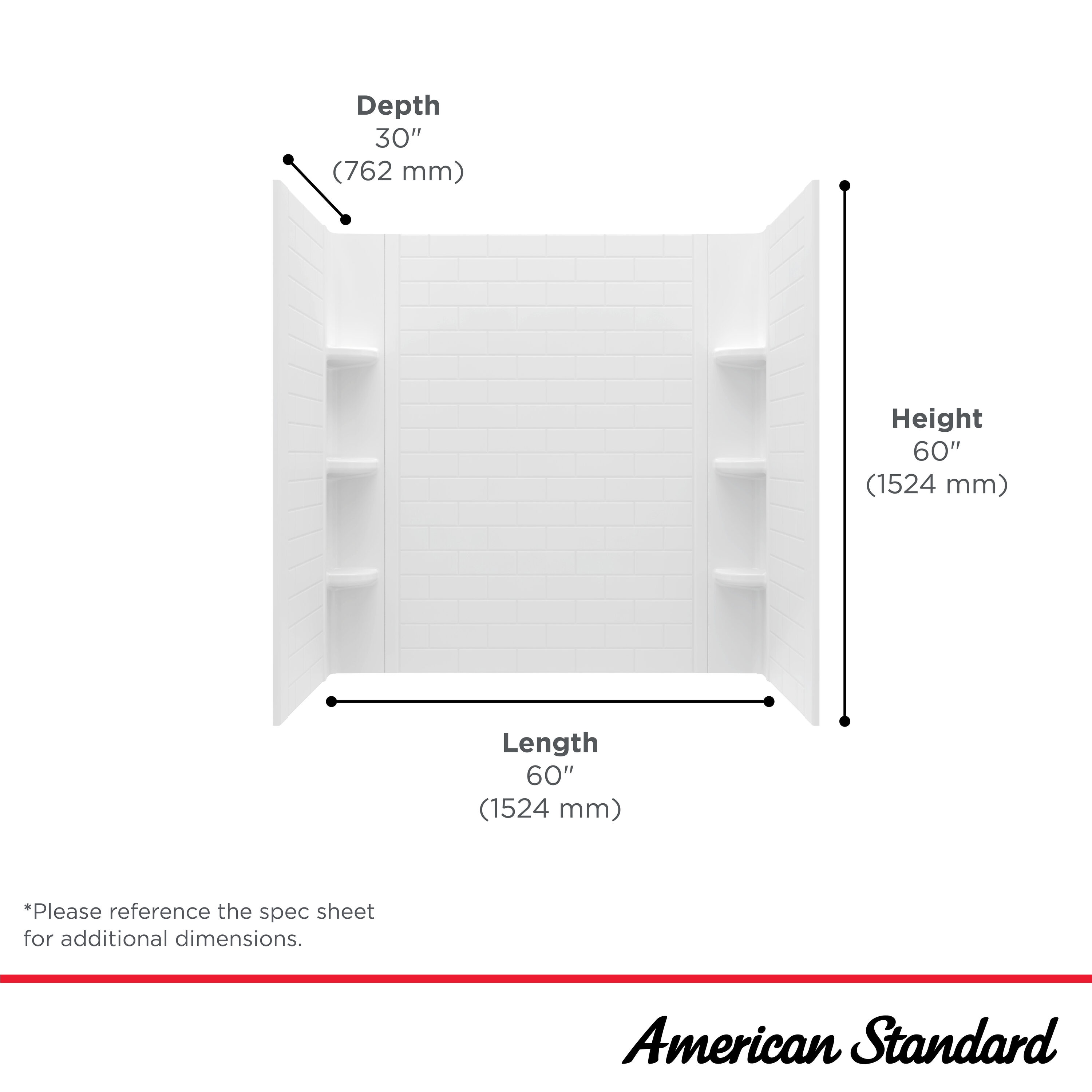 Kit de paneles para ducha encastrable en color blanco ártico de 3 piezas de American Standard Elevate, medidas 60 pulgadas de ancho x 30 pulgadas de profundidad x 72 pulgadas de altura.