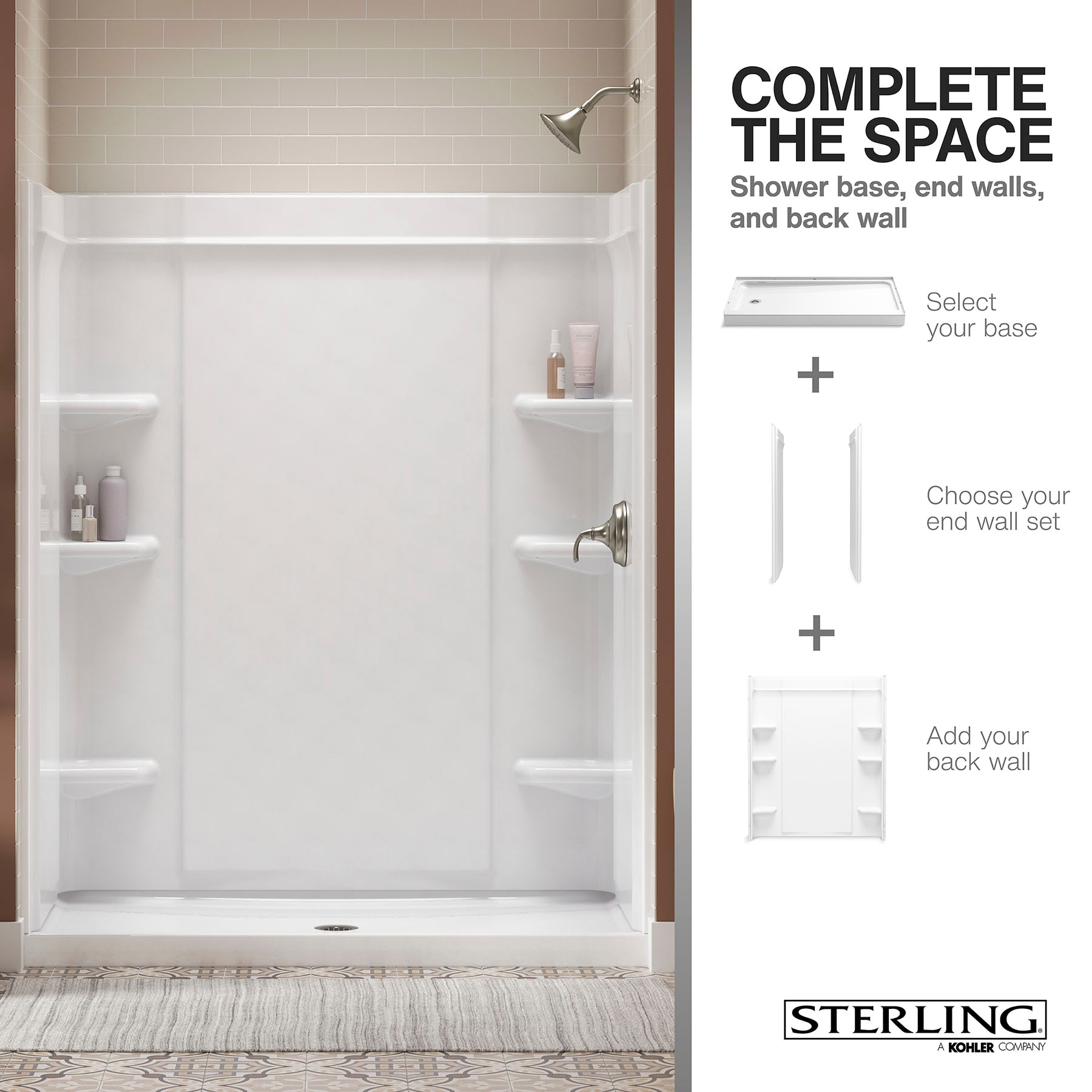 Panel de pared lateral para ducha en alcoba de 2 piezas directo al perno de 34 pulgadas de ancho x 34 pulgadas de profundidad x 72.45 pulgadas de altura en blanco de Sterling Medley 72405800-0