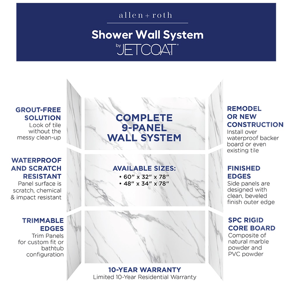 Recubrimiento de pared de ducha de alcoba Carrara White de 9 piezas para pegar 60 pulgadas de ancho x 32 pulgadas de profundidad x 78 pulgadas de alto, de allen + roth.