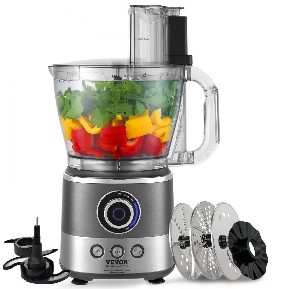 VEVOR Food Processor, 14-Cup Vegetable Chopper for Chopping, Mixing, Slicing, Puree, and Kneading Dough, 650 Watt Stainless Steel Blade Professional Electric Food Chopper, Easy Assembly & Clean, Gray - SPJGJ650WZNSEK8GZV1